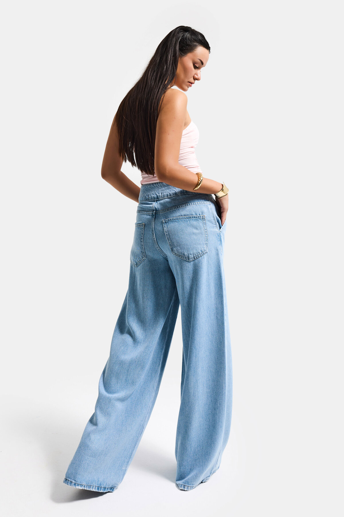 it's basic  Kadın Mavi 1s6-3 Süper Palazzo Fit Viskon Özel Kumaş Dökümlü Denim Jean - Görsel 6