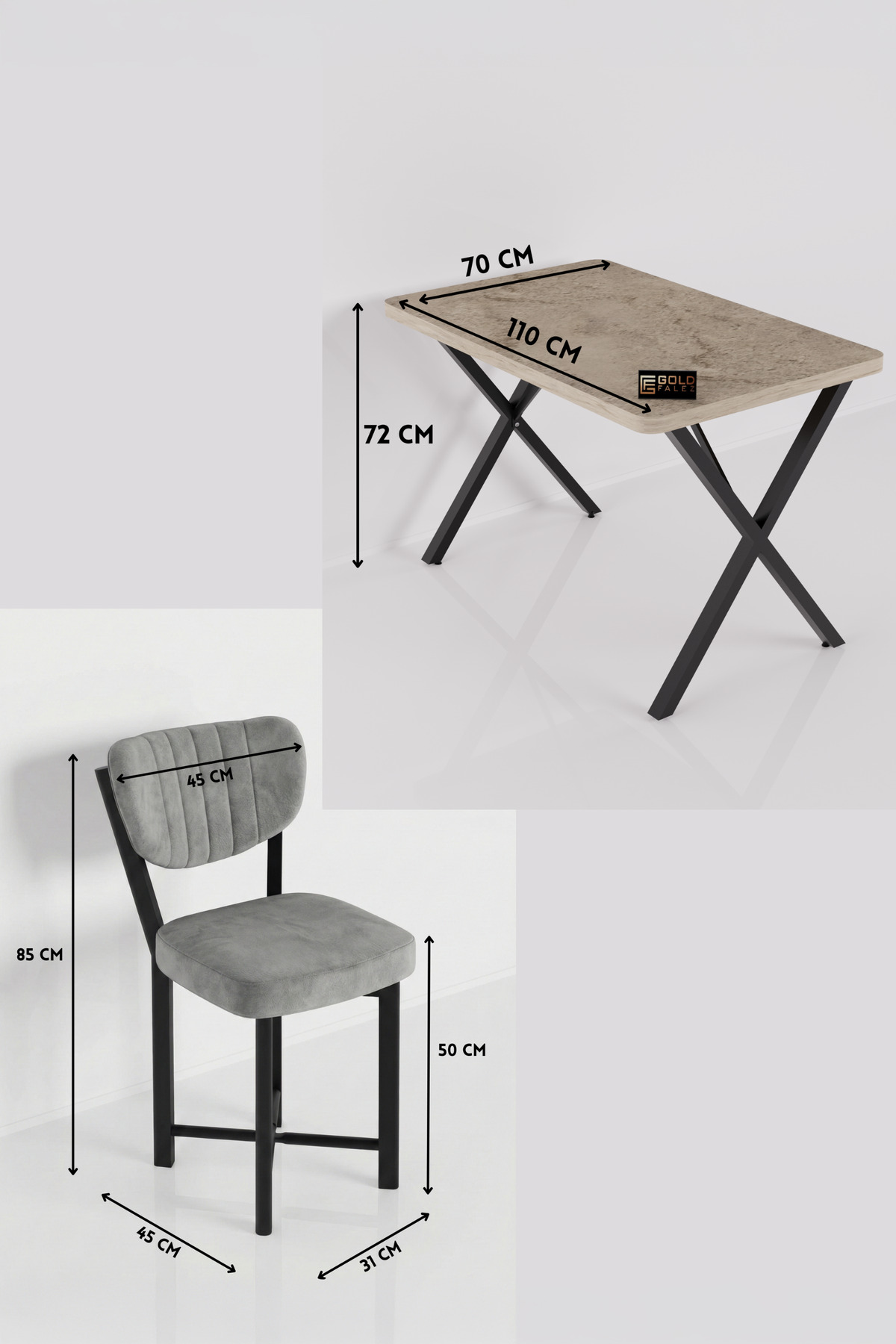 Goldfalez Elma Masa Seti Gri Antrasit 110x70 cm görsel 2
