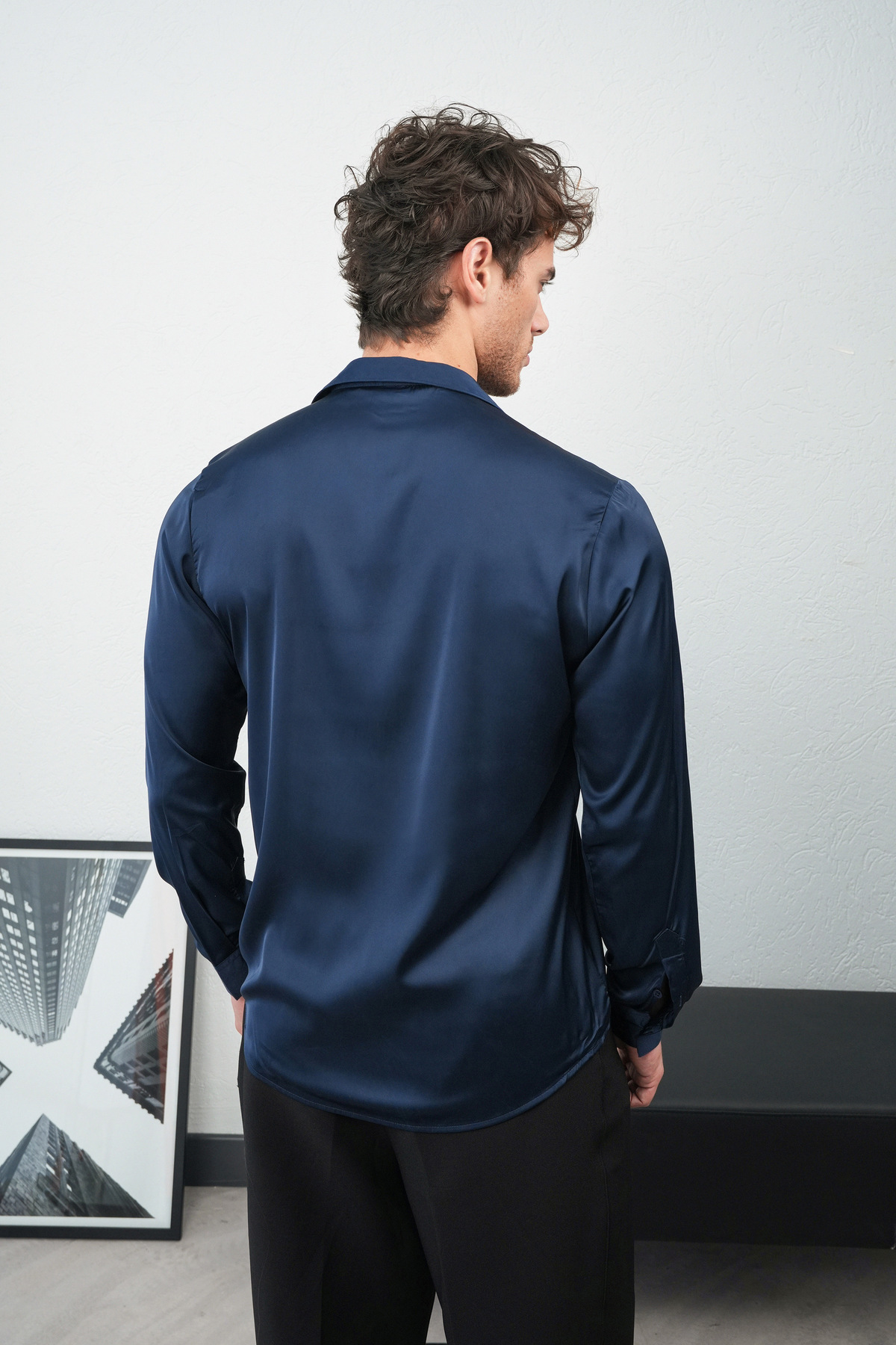 İLKCET MODA  Parlak Lacivert Erkek Saten Regular Gömlek - Görsel 4