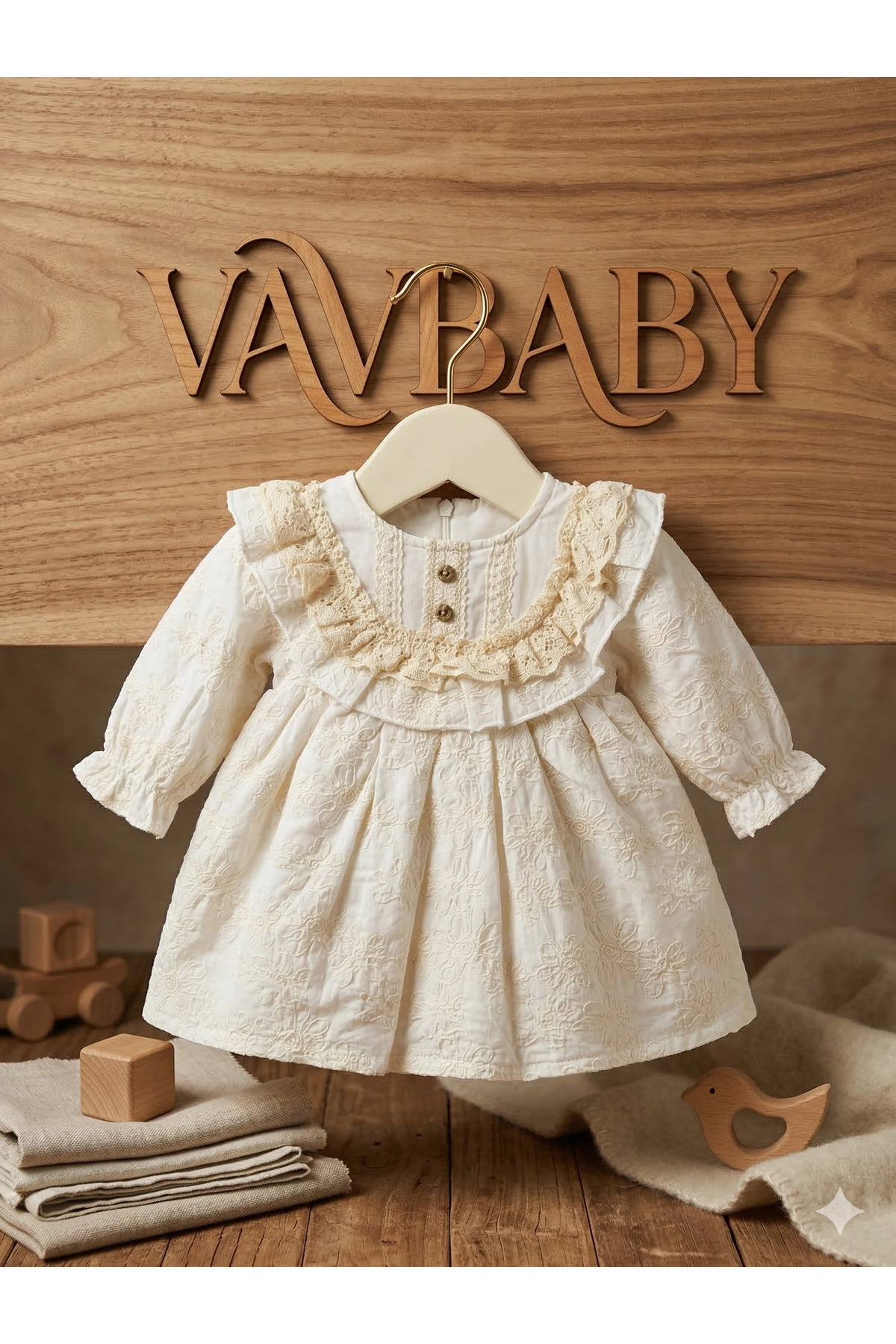 VaVbaby Kız Bebek Desenli Dantel Yakalı Uzun Kollu Elbise fotoğrafı 2 (önizleme)