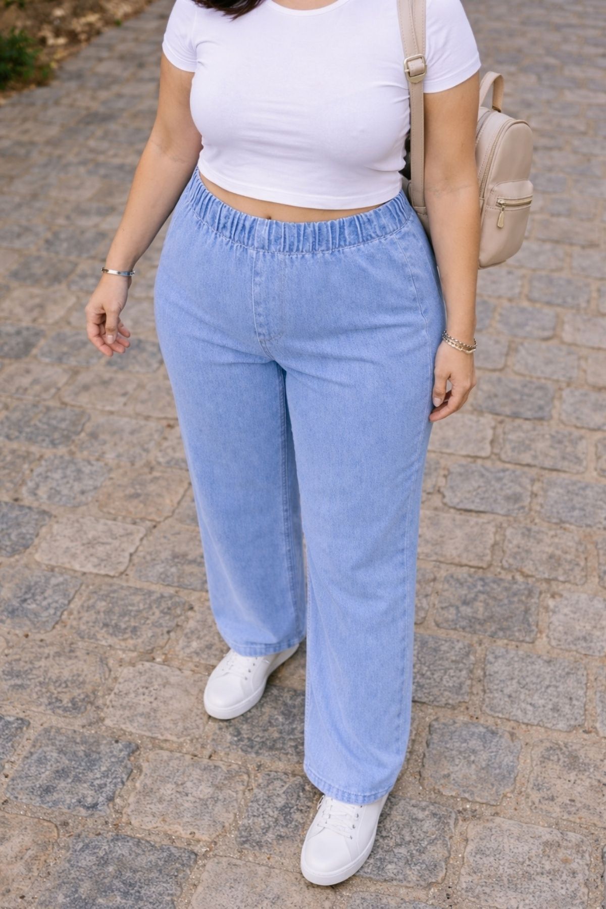 CEDY DENIM  - Büyük Beden Likralı Kumaş Cepsiz Beli Lastikli Palazzo Pantolon C642 - Görsel 3