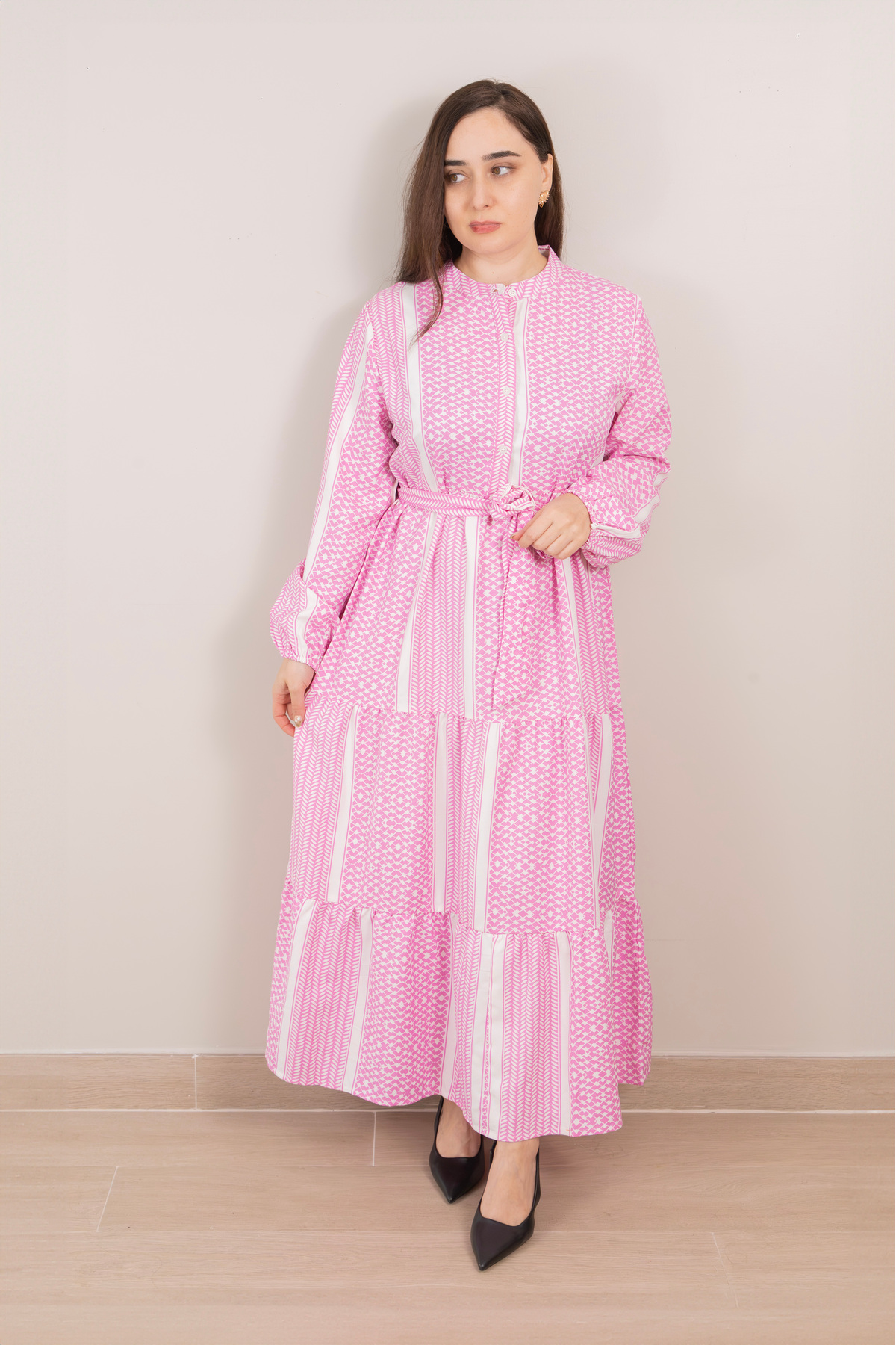 LINELLE Pink and White Printed Tiered Maxi Dress