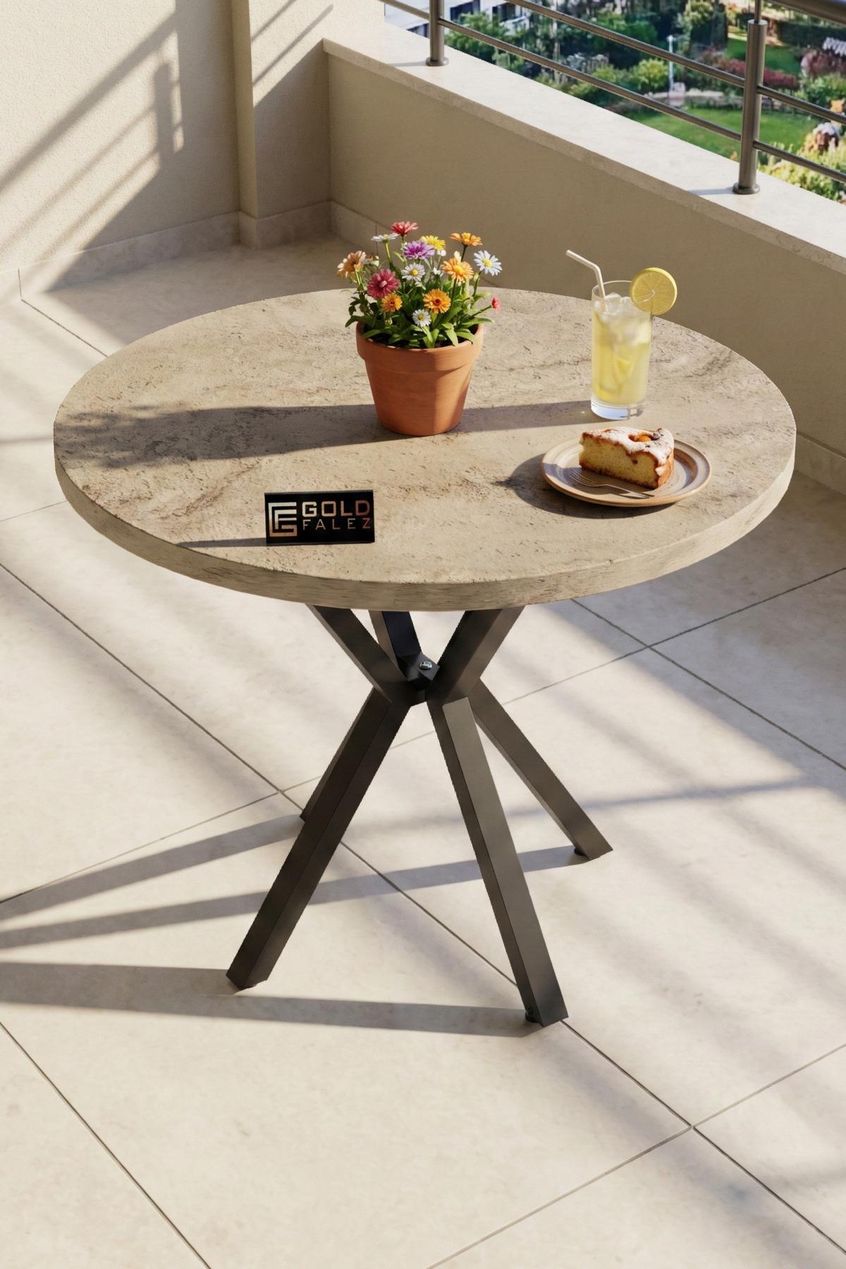 Mutfak Masası 90 cm Yuvarlak Masa Modern Metal Ayaklı Cafe Balkon Ofis Yemek Masası 9826 Traverten