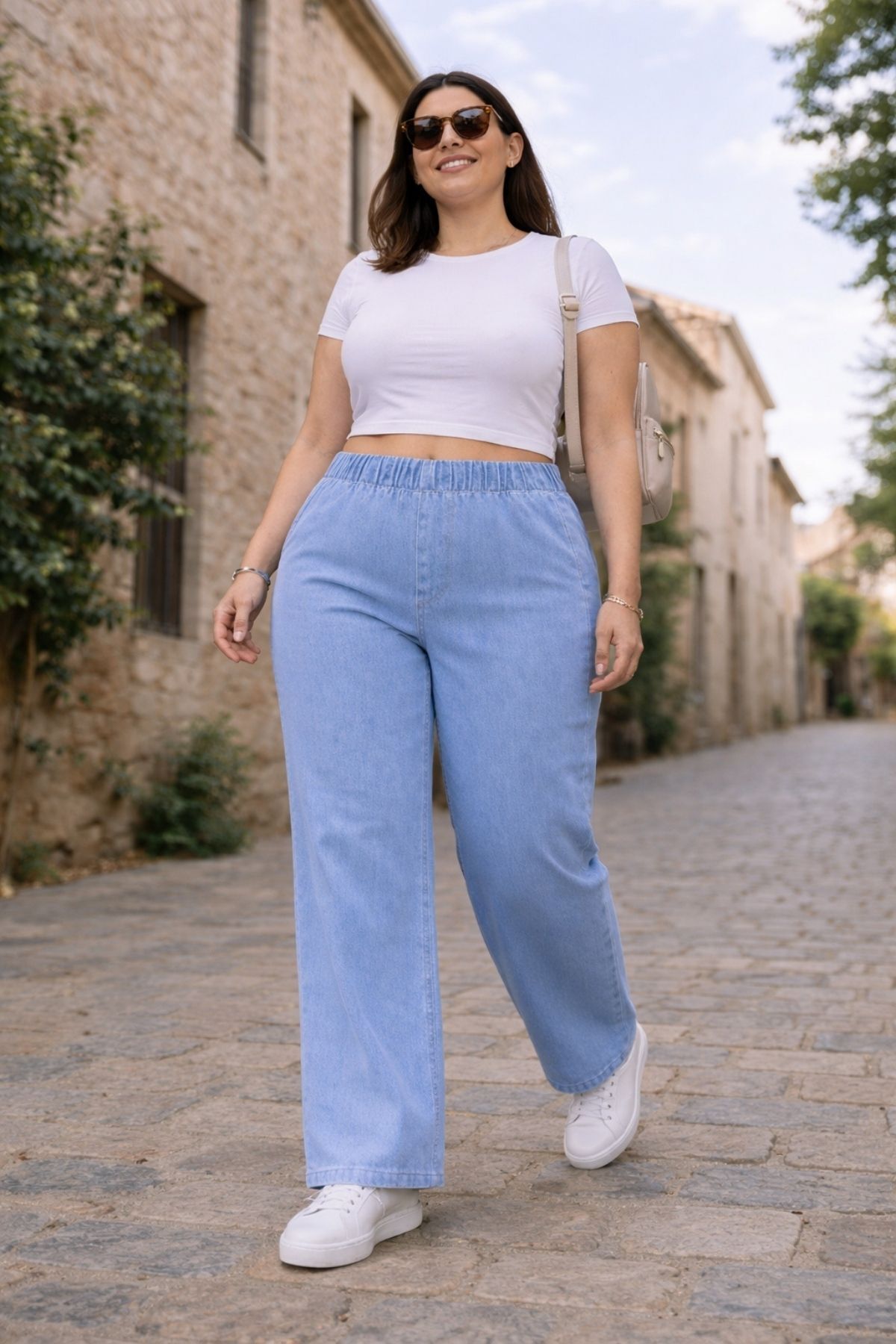 CEDY DENIM  - Büyük Beden Likralı Kumaş Cepsiz Beli Lastikli Palazzo Pantolon C642 - Görsel 4