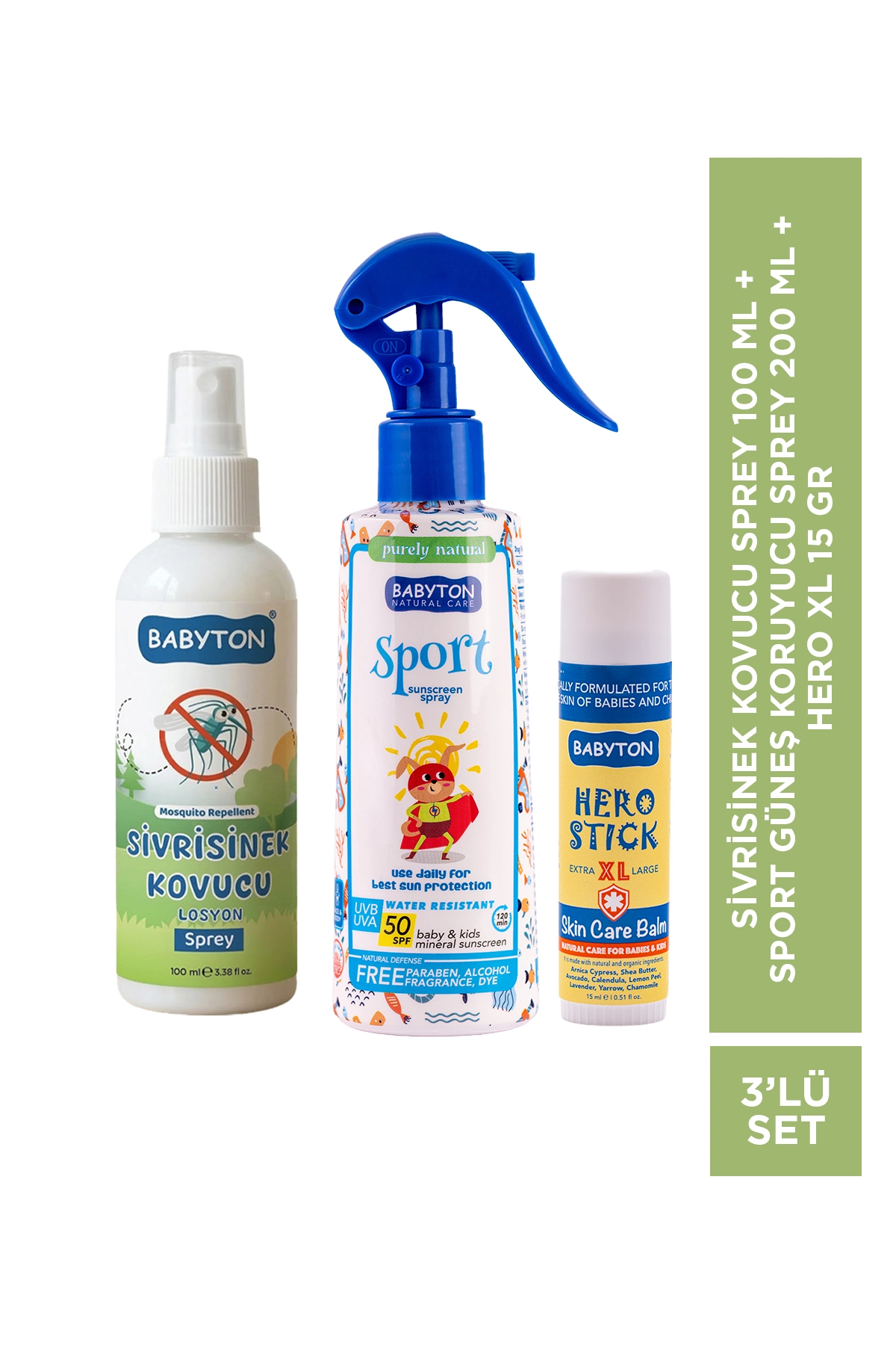 Sivrisinek Kovucu Sprey 100 ml+Sport Güneş Koruyucu Sprey 200 ml+Hero Stick XL 15 gr 3'lü Set — SNKSPORTSPRYHR15