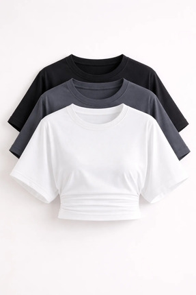 COMBİNE MİCHAİL Kadın Yarasa Kollu Basic Dar 3 Lü Crop Bluz