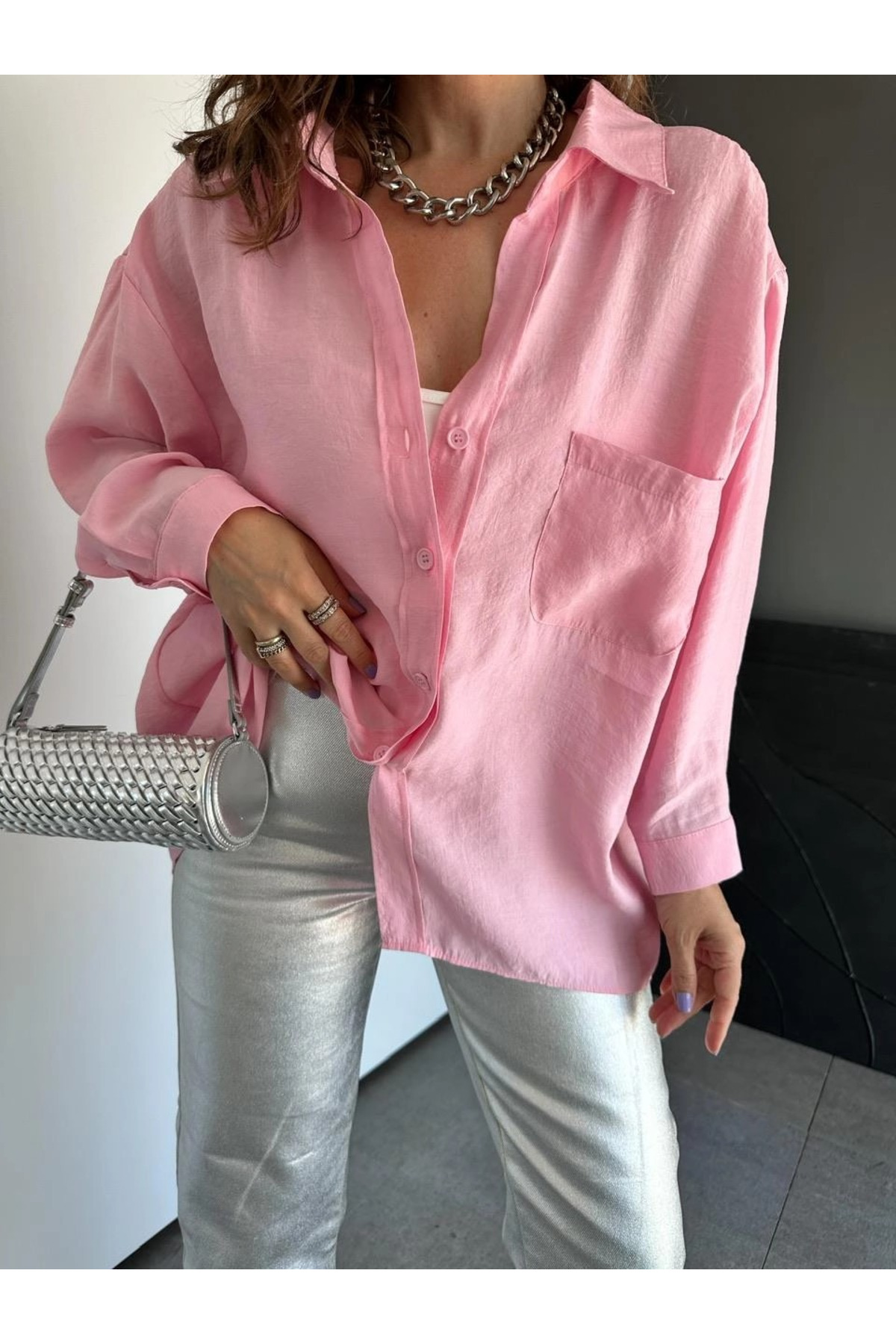 My Blog  Pembe Düşük Omuz Oversize Gömlek - 4612 - Görsel 6
