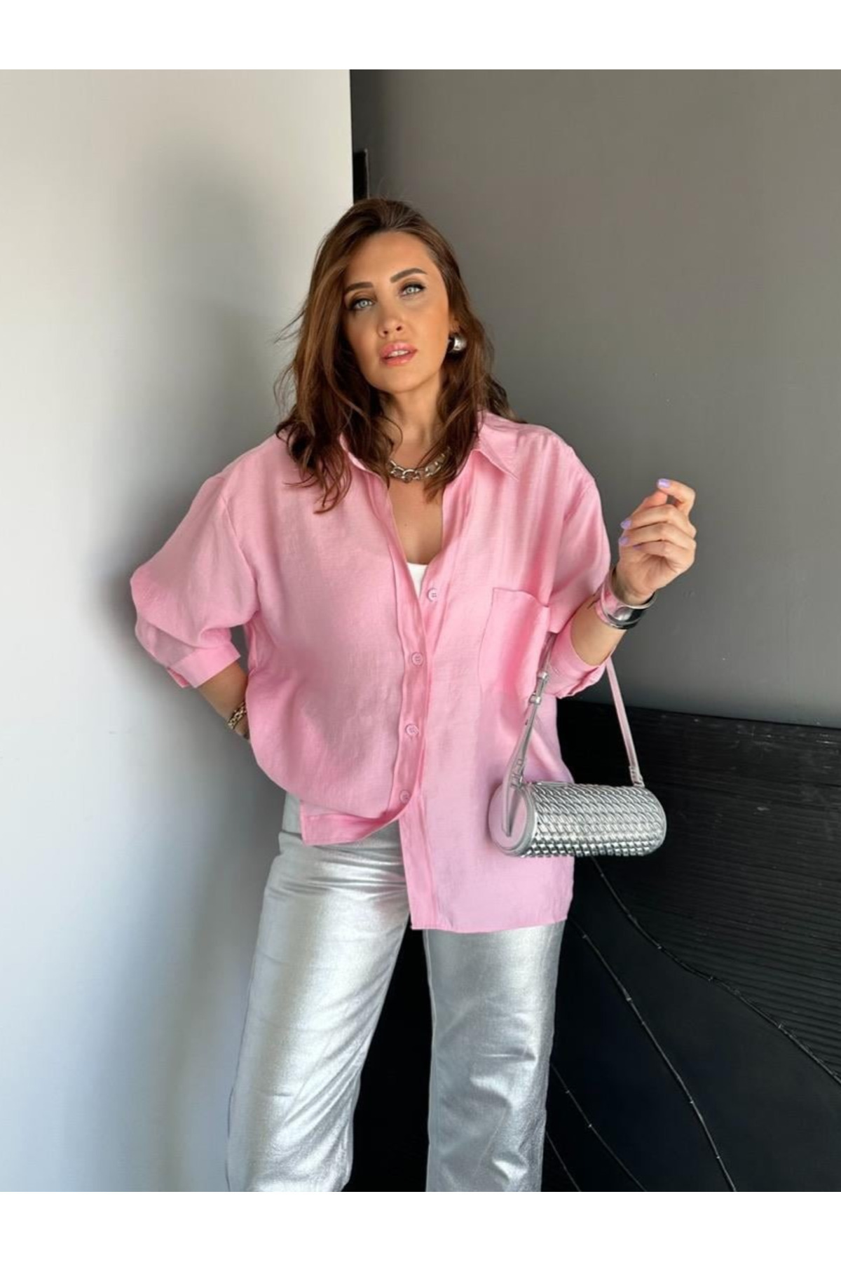 My Blog  Pembe Düşük Omuz Oversize Gömlek - 4612 - Görsel 2