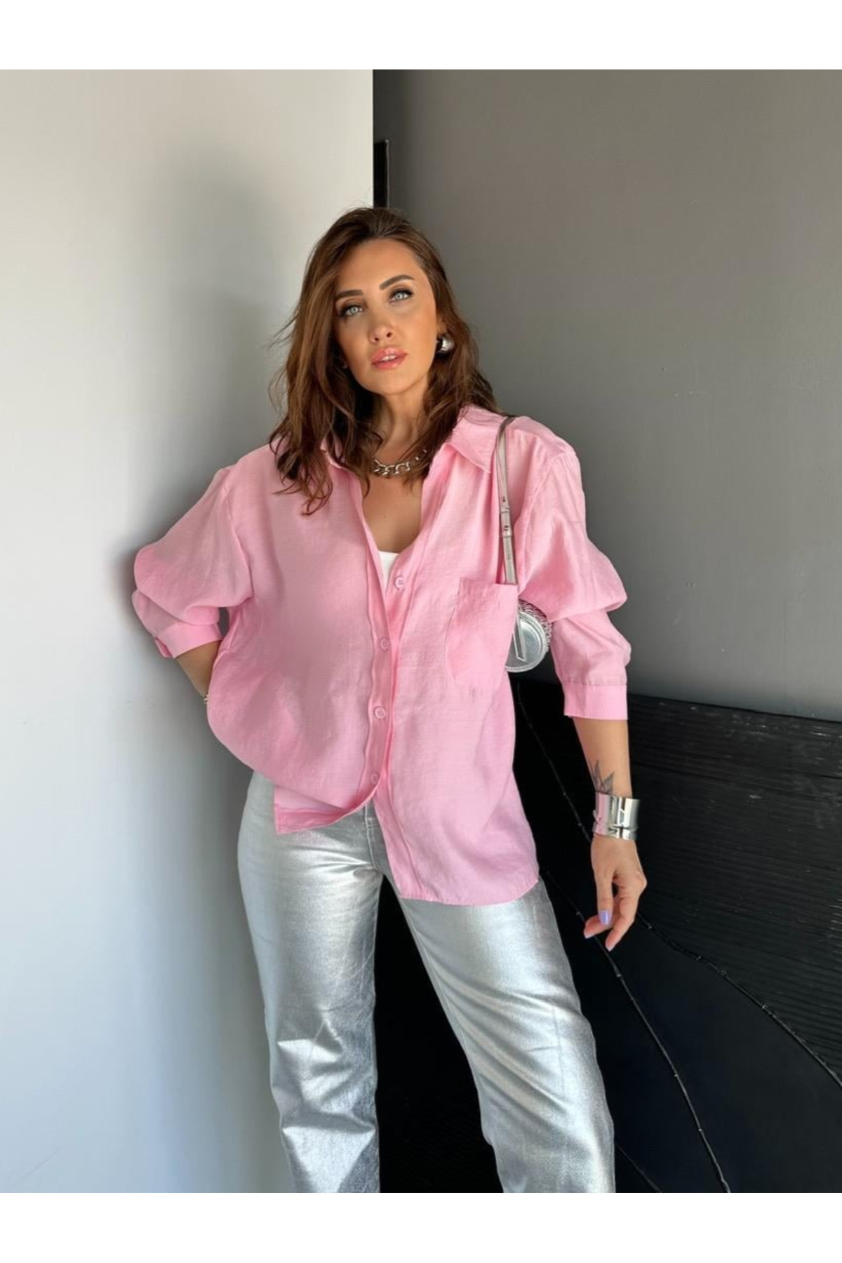 My Blog  Pembe Düşük Omuz Oversize Gömlek - 4612 - Görsel 7