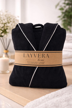 Layvera Yetişkin Bornoz %100 Pamuklu+Siyah+Erkek+Kadın+Unisex+Biyeli+Çeyizlik