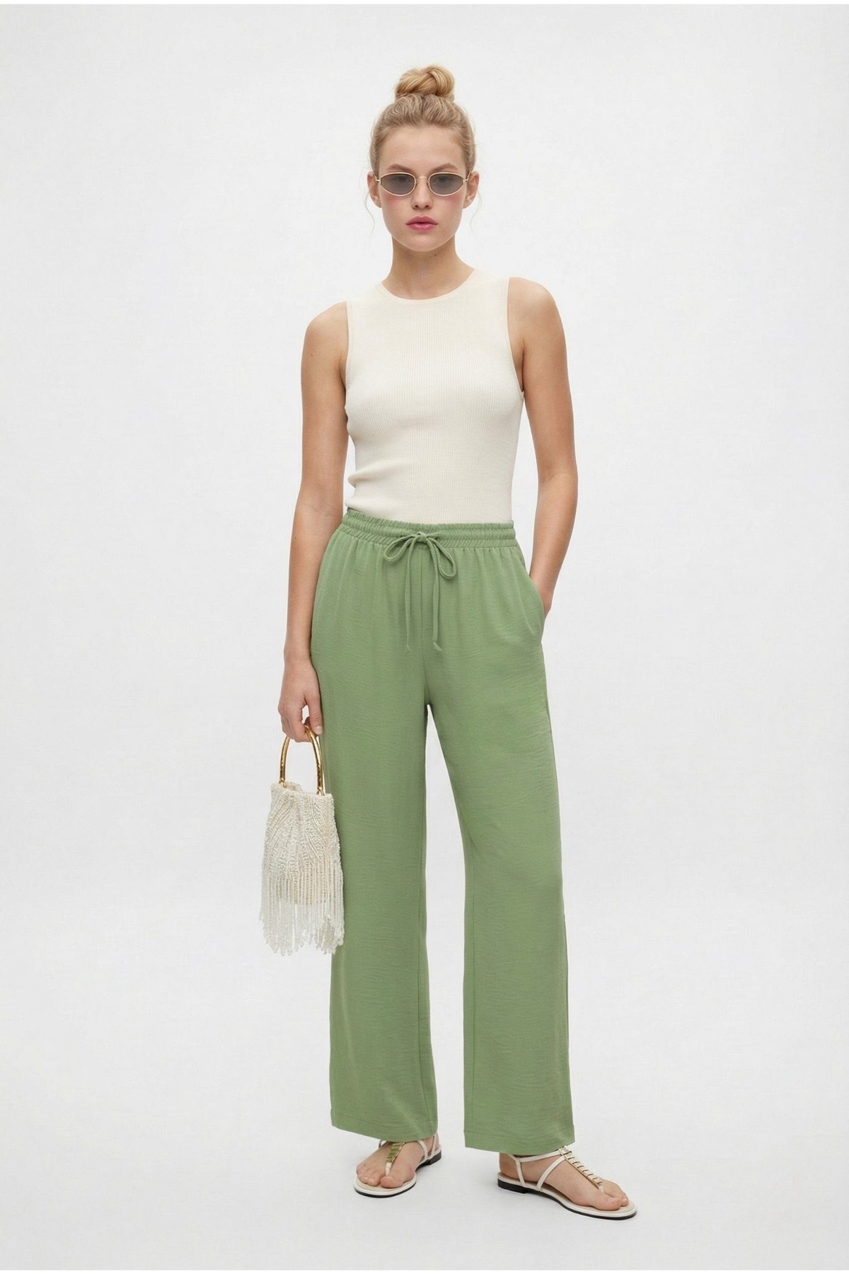 Women's New Relaxed Elastic Waist Straight Cut Pocket Ayrobin Green Pants