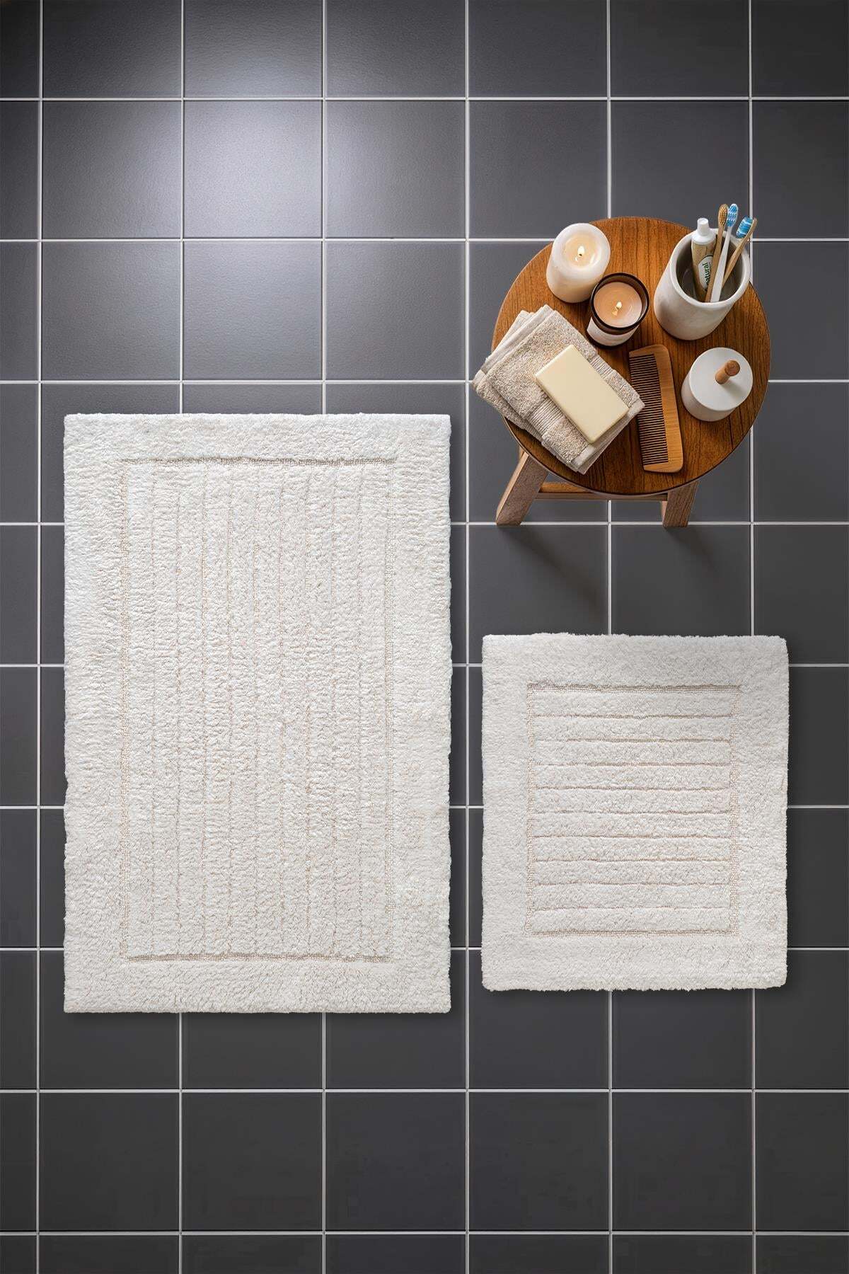 Lilly 2-Piece Cotton Bath Mat Set Soft Texture Cream Washable 60x100 + 60x50cm, LL004W
