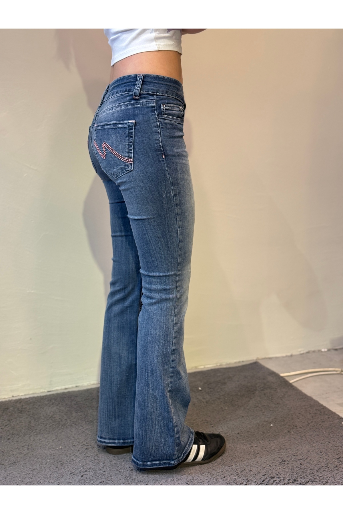 Messy Girls  Flare Kesim Düşük Bel Koyu Mavi Cep Desenli Jean Kot Pantolon - Görsel 7