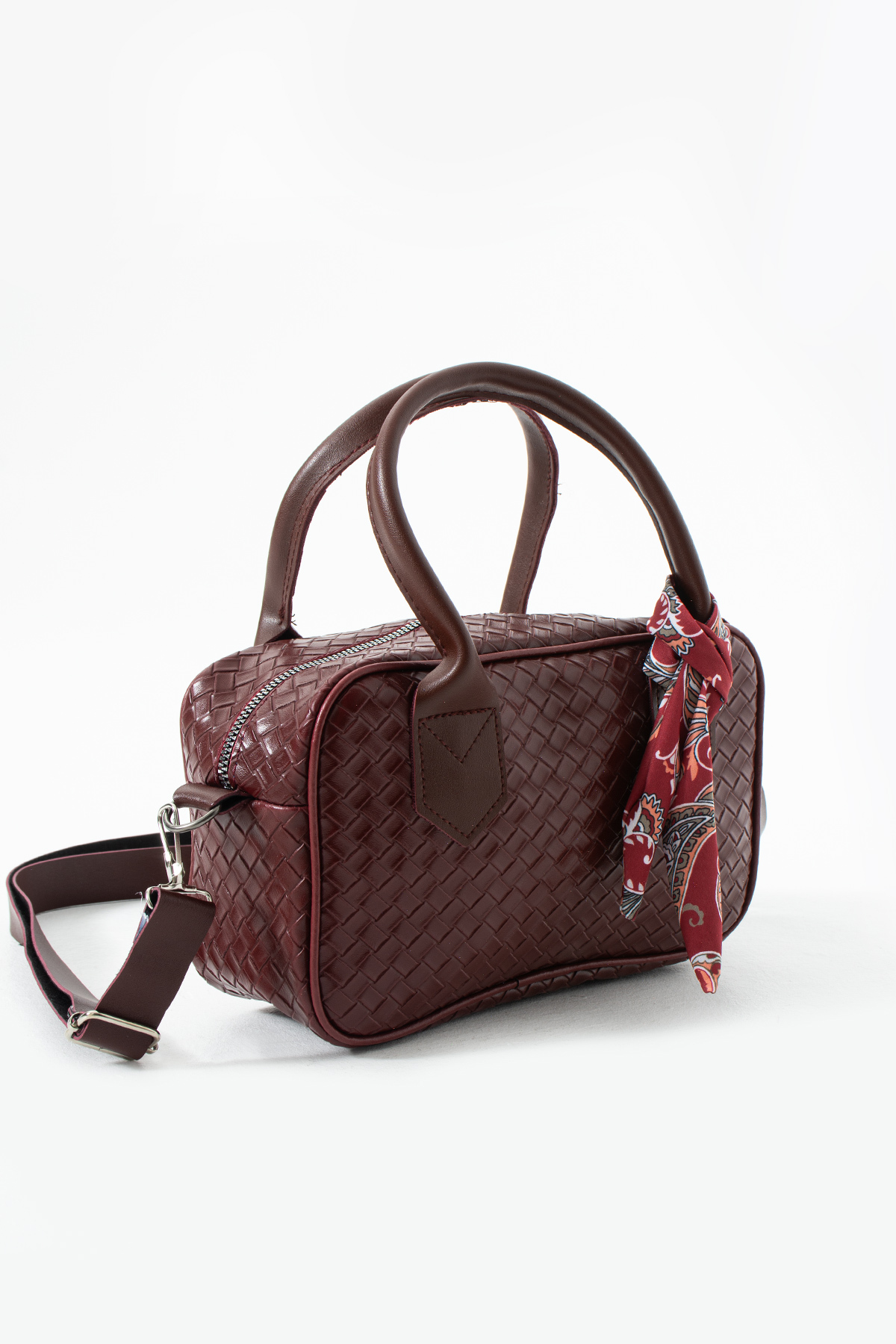Women's Claret Red Knit Pattern Scarf Detailed Hand and Shoulder Women's Bag