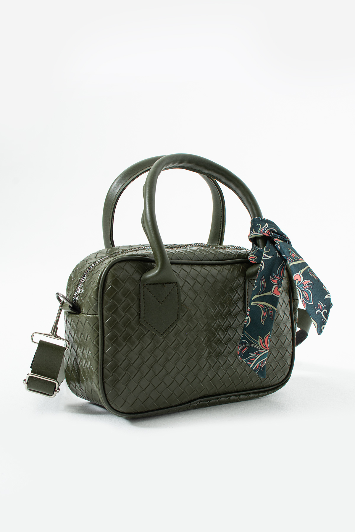 Women's Khaki Green Knit Pattern Scarf Detailed Hand and Shoulder Women's Bag