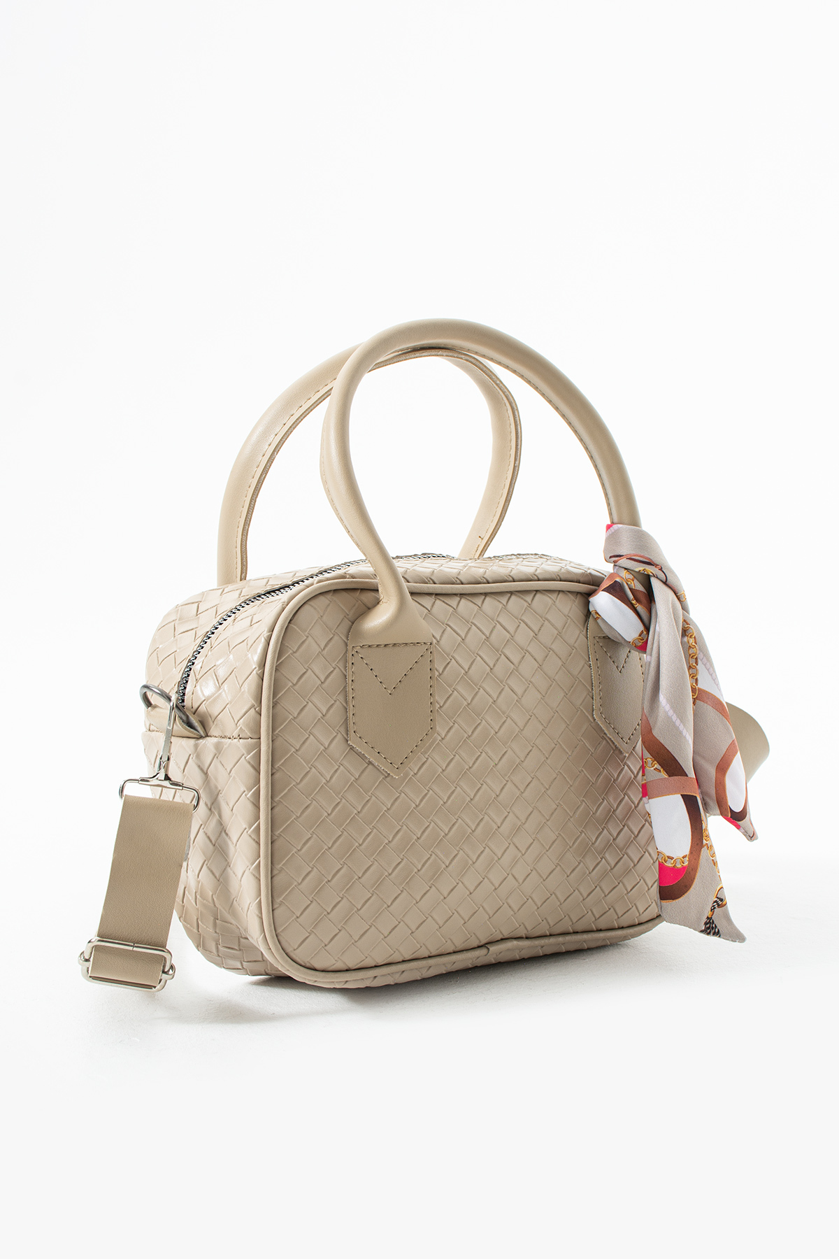 Women A. Women's Bag with Mink Knit Pattern Scarf Detailed Hand and Shoulder