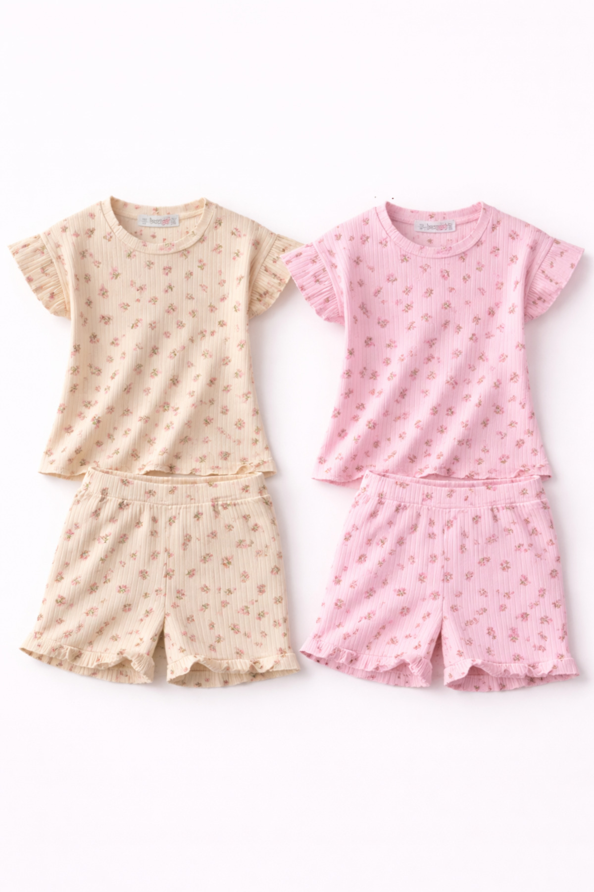 Girl 100%100 Cotton Flower Pattern Ruffled 2 Pieces Set Set 2 Pieces Set 4 Pieces