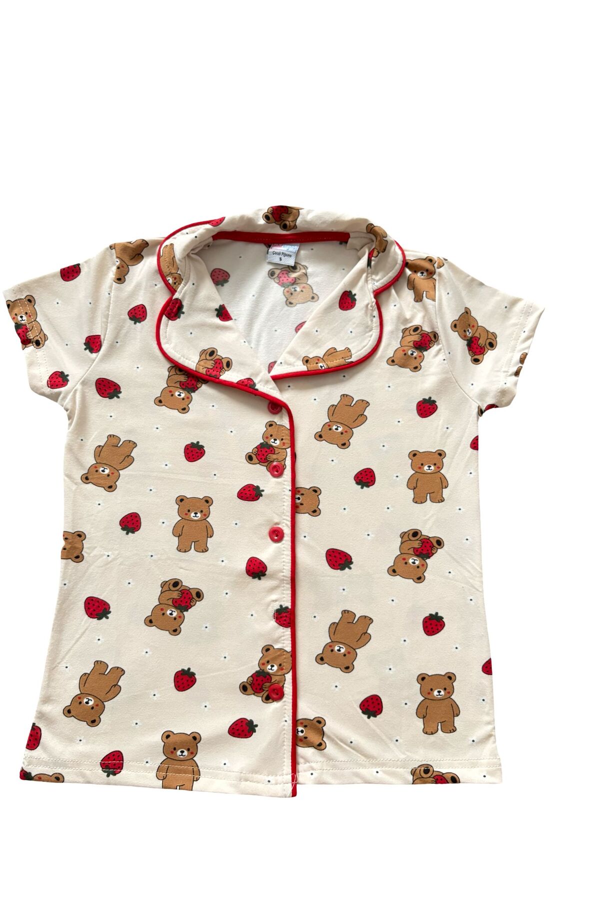 mışıl mışıl kids Kız Çocuk Ayıcık Çilek Desenli Yazlık Kısa Kollu Düğmeli Yumuşak Kumaş Pijama Takımı fotoğrafı 4 (önizleme)