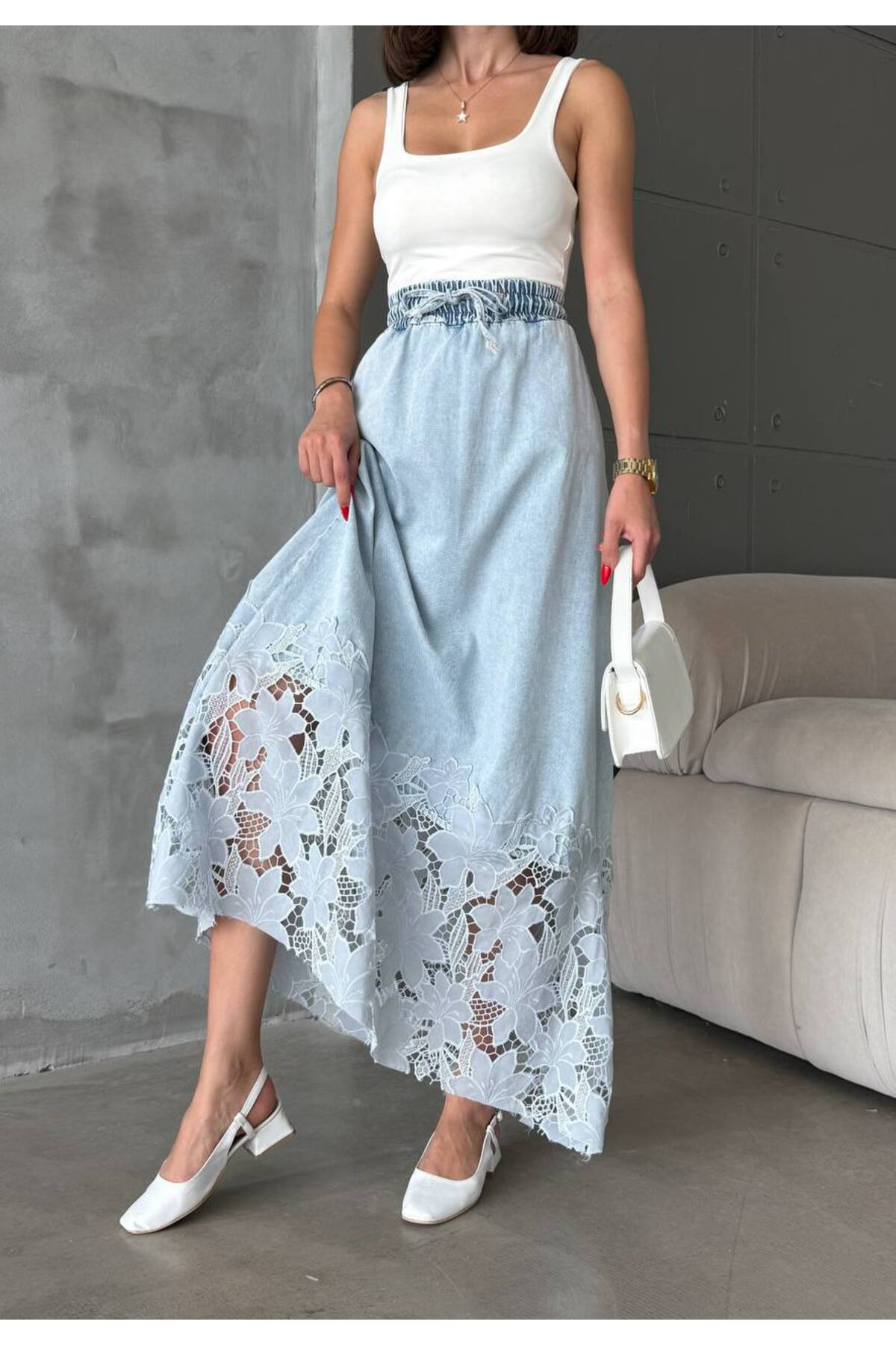 jeanlog  Dantel Detaylı Yüksek Bel Midi Etek Belden Lastik Ve Bağlamalı