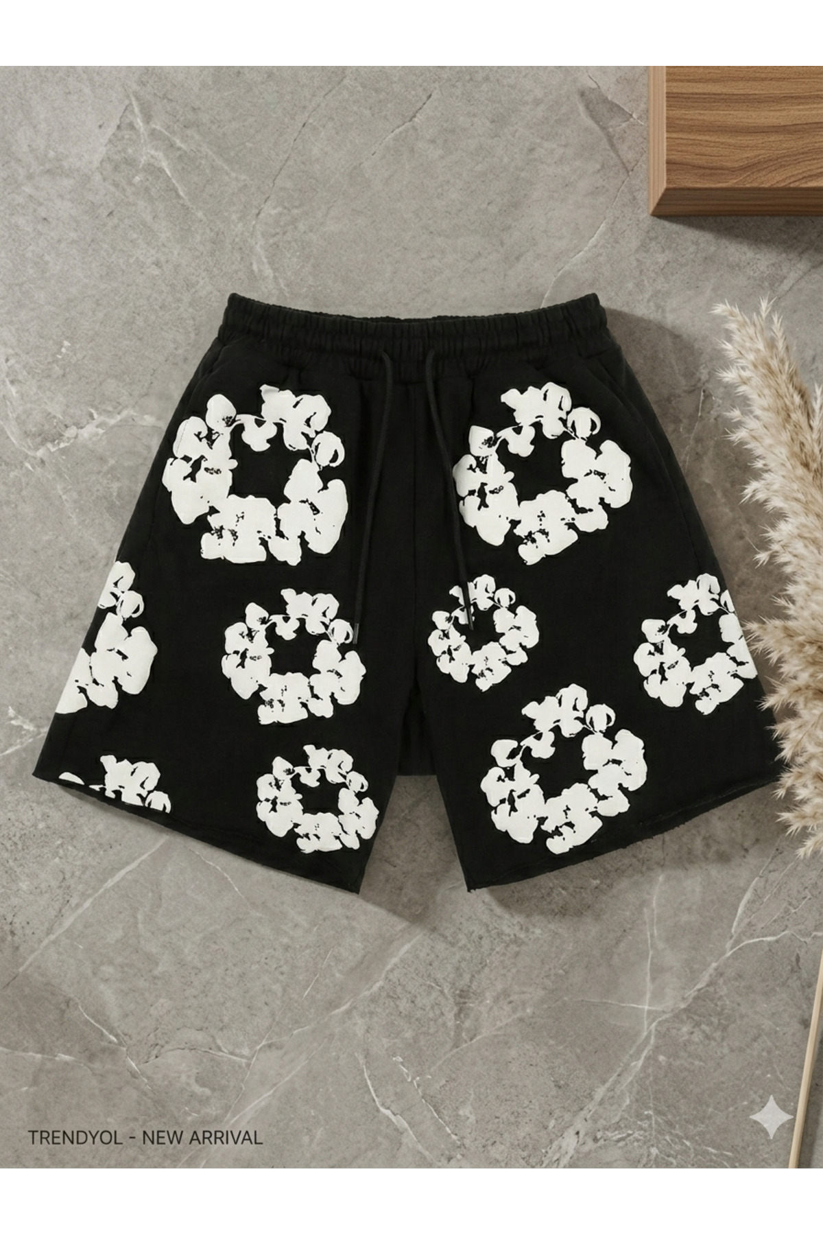 CLASSY.MODA  Oversize Siyah Şort - 3D Puff Kabarık Çiçek Baskılı Pamuklu Şort