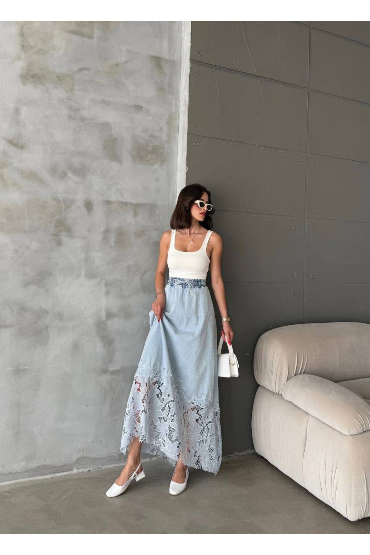jeanlog  Dantel Detaylı Yüksek Bel Midi Etek Belden Lastik Ve Bağlamalı - Görsel 4