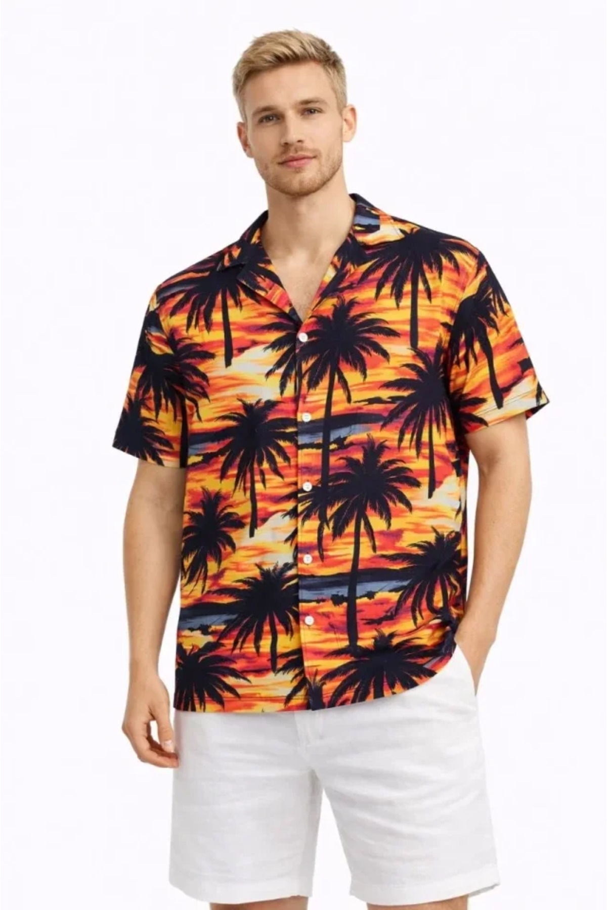 GETFAY Erkek Gün Batımı Palmiye Desenli Kısa Kol Gömlek Hawaii Tarz Yazlık Rahat Kalıp 10352-Desenli fotoğrafı 2 (önizleme)
