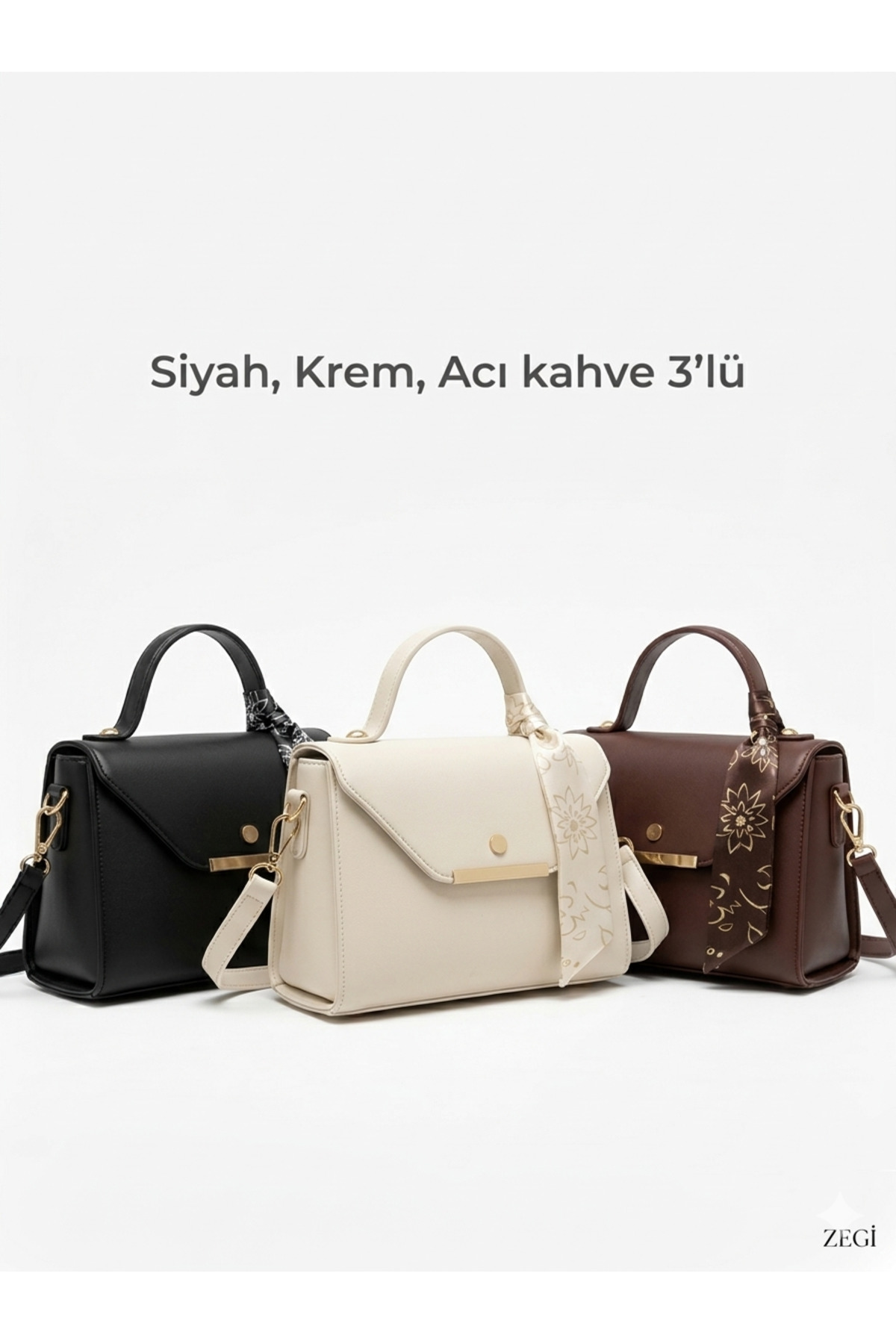 ZEGİ BAGS &MORE Siyah Krem Acı Kahve 3’ Lü Paket Suni Deri Fular Detaylı