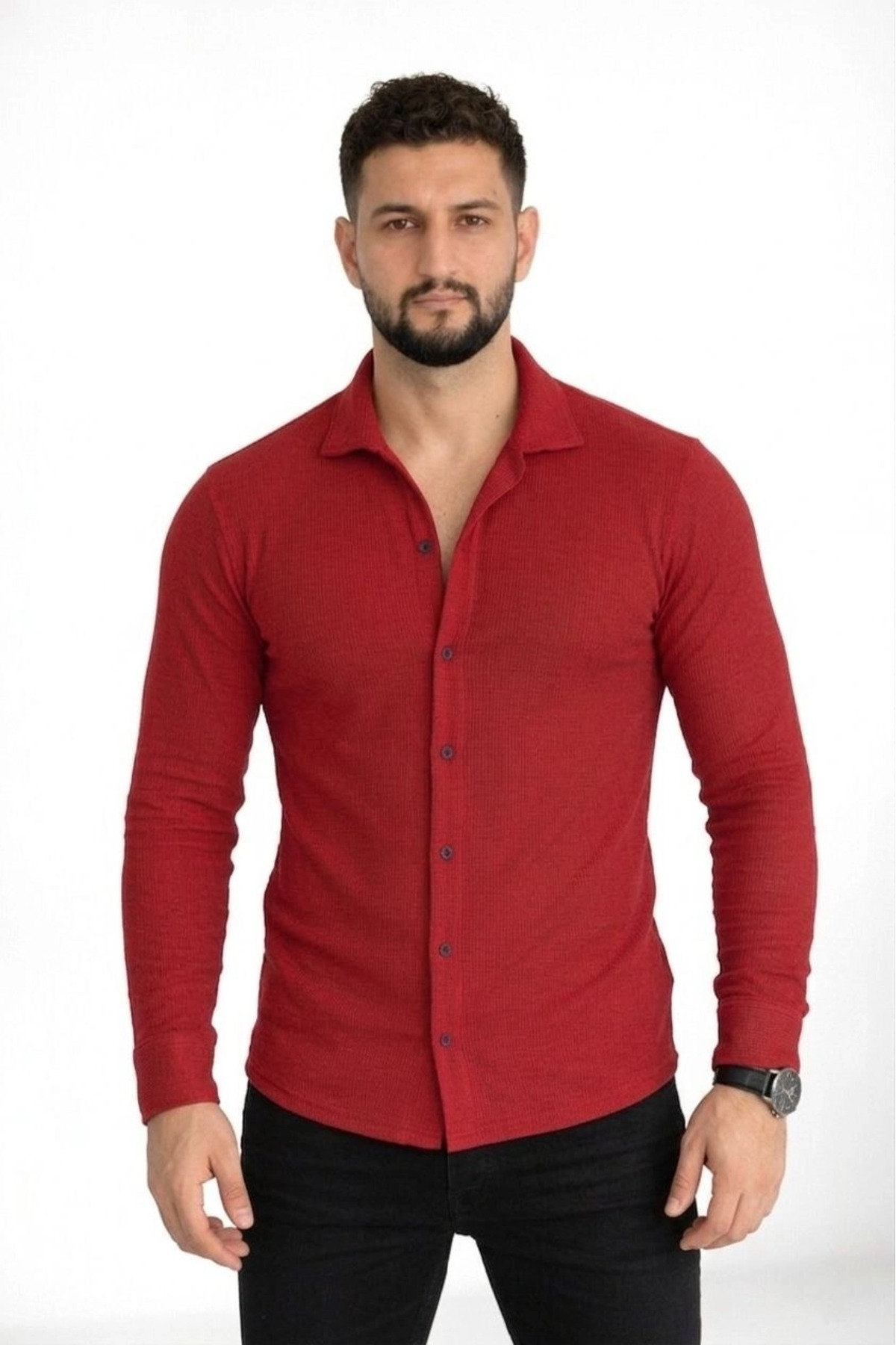 pilelistore Erkek Waffle Kumaş Uzun Kollu Düğmeli Açık Yaka Regular Fit Gömlek - Kırmızı fotoğrafı 3 (önizleme)