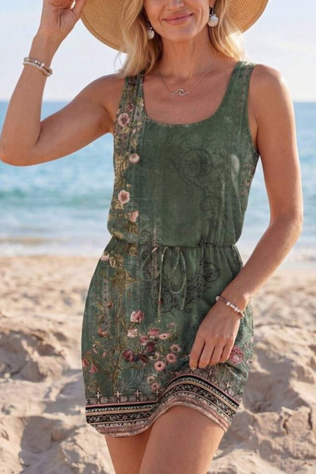 Modayakamoz  Yeni Sezon Kadın Askılı Yuvarlak Yakalı Bağlama Detay Çiçek Desenli Kısa Süprem Elbise - Görsel 2