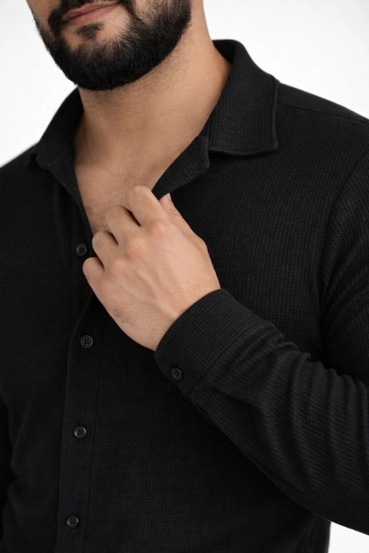 pilelistore Erkek Waffle Kumaş Uzun Kollu Düğmeli Açık Yaka Regular Fit Gömlek - Siyah fotoğrafı 2 (önizleme)