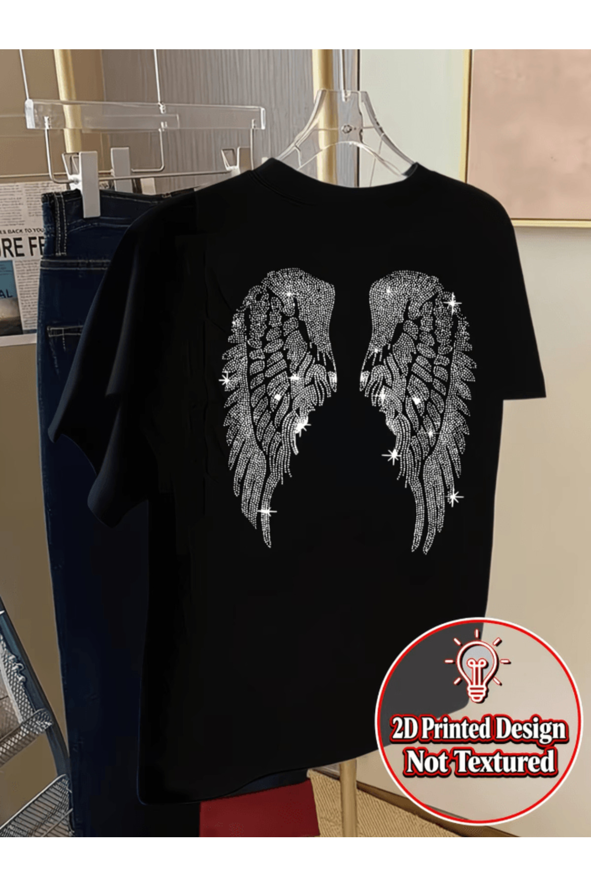 one button  Parlak Melek Kanat Sırt Baskılı Premium Oversize T-shirt