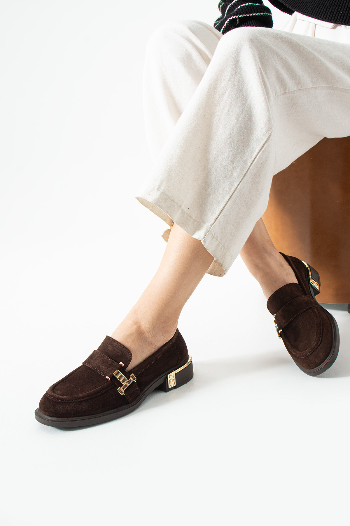 dericia shoes Velvet Hakiki Deri Kahverengi Süet Günlük Rahat Kadın Loafer Ayakkabı görsel 2