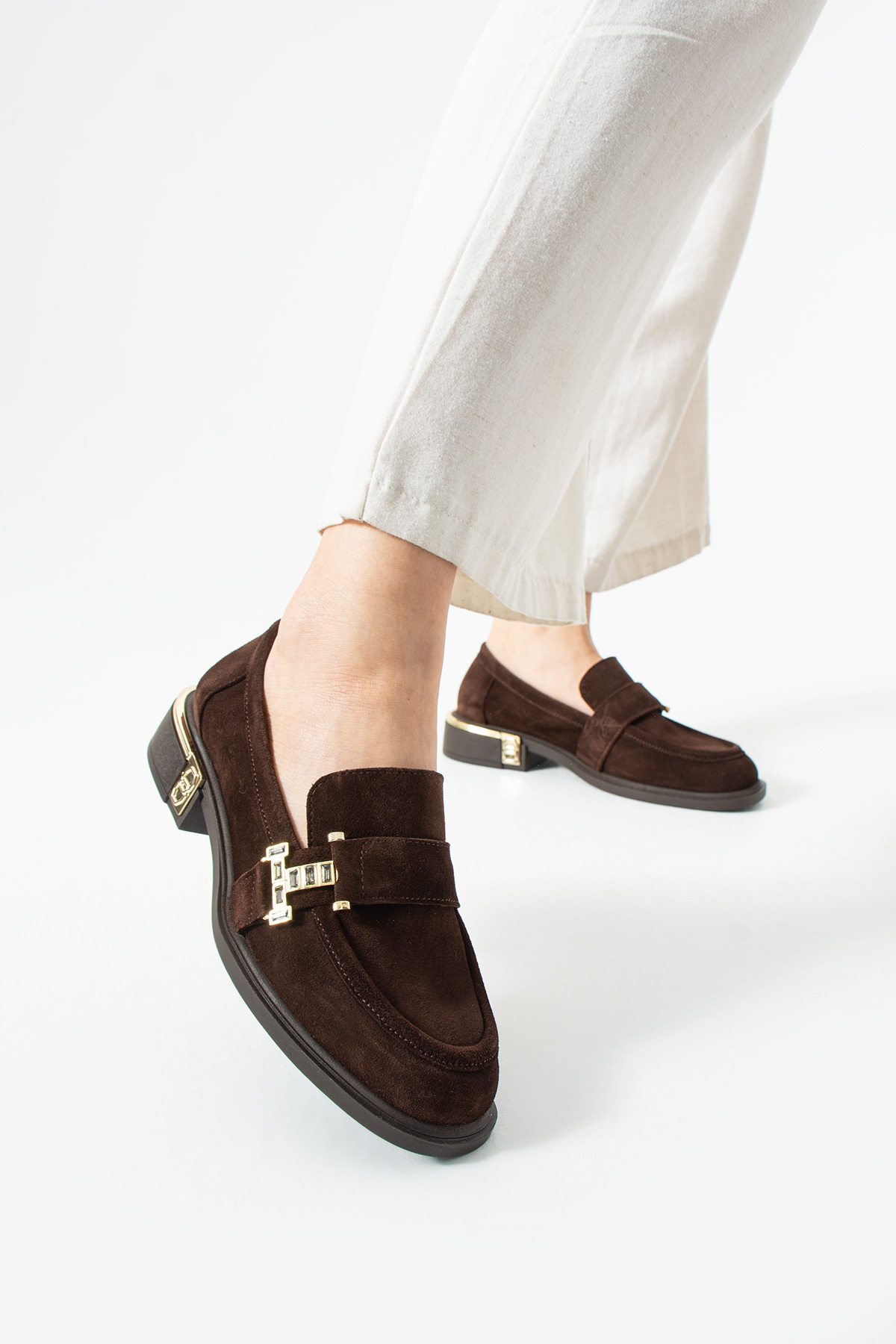 dericia shoes Velvet Hakiki Deri Kahverengi Süet Günlük Rahat Kadın Loafer Ayakkabı görsel 3