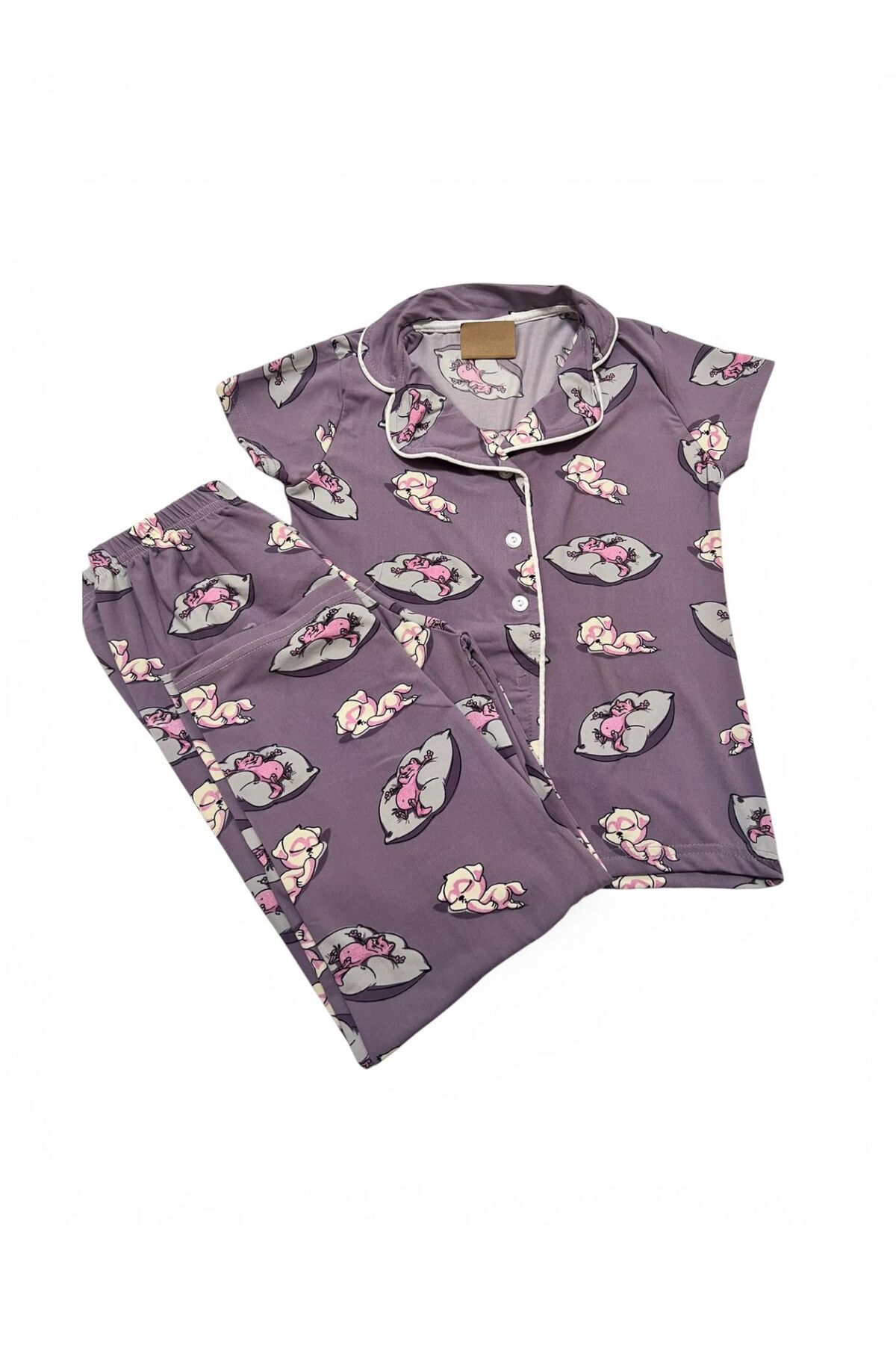 SERRASTIL Kız Çocuk Kedi Desenli Mor Renk Pamuklu Kısa Kollu Pijama Takımı fotoğrafı 6 (önizleme)