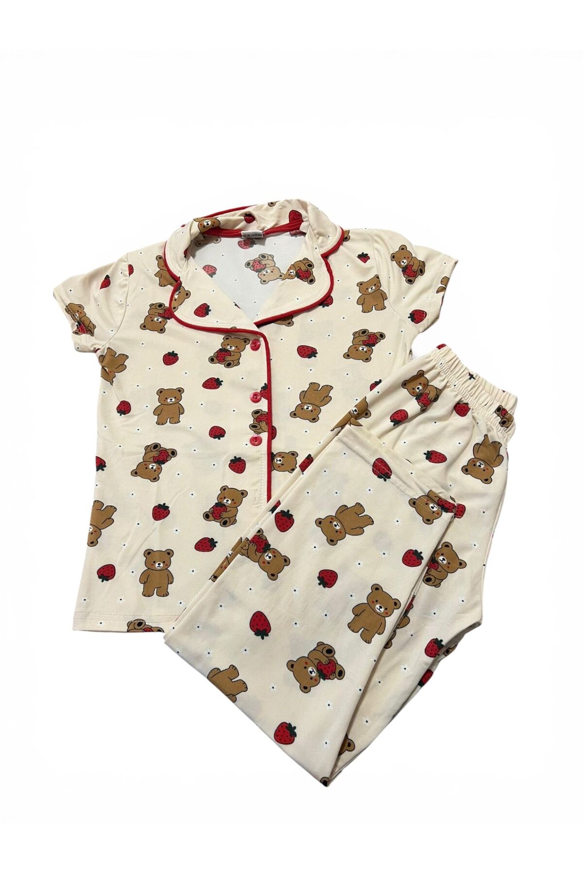 SERRASTIL Kız Çocuk Ayıcık Desenli Krem Rengi Pamuklu Kısa Kollu Pijama Takımı fotoğrafı 6 (önizleme)