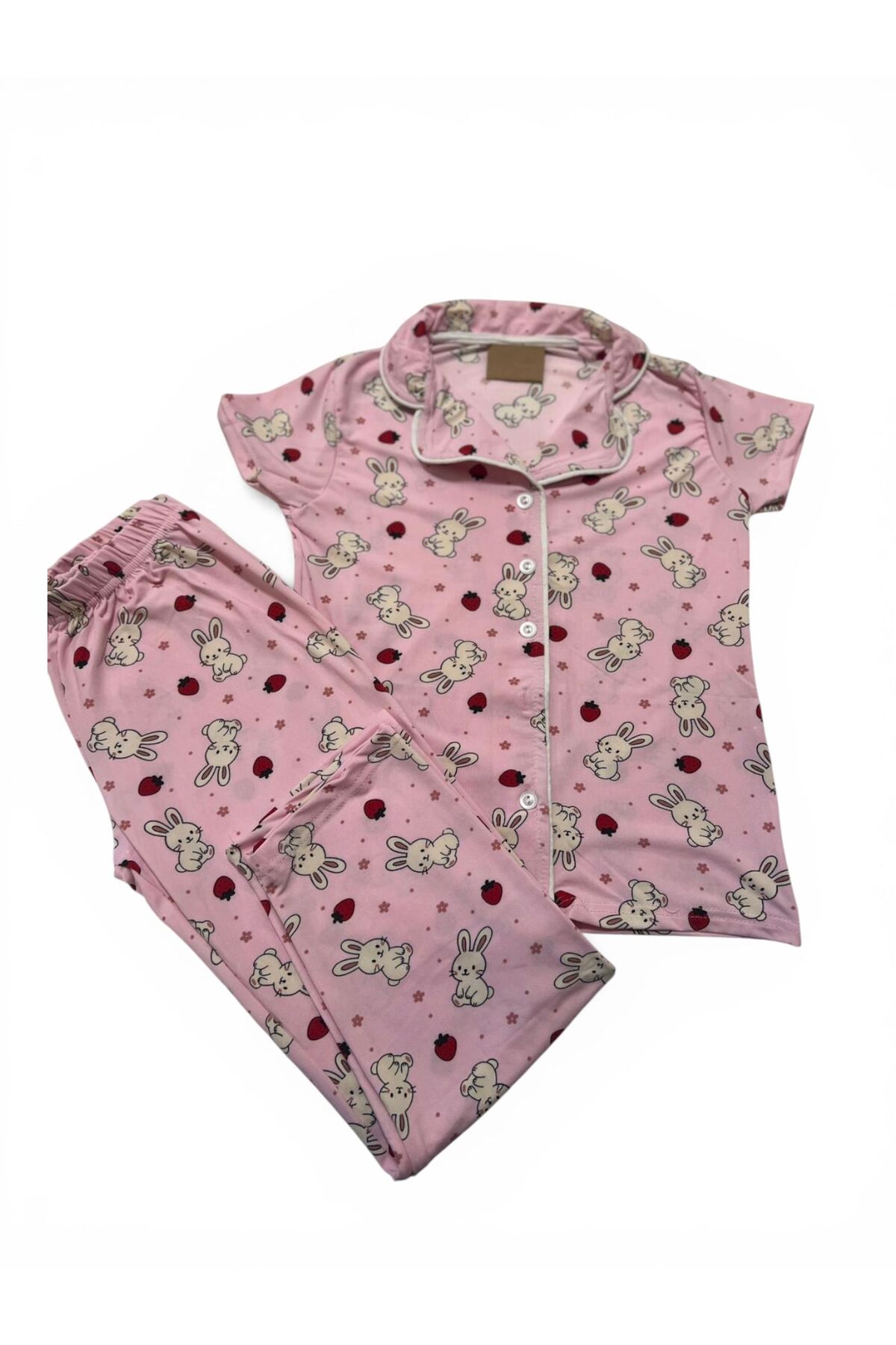 SERRASTIL Kız Çocuk Tavşan Desenli Pembe Renk Pamuklu Kısa Kollu Pijama Takımı fotoğrafı 4 (önizleme)