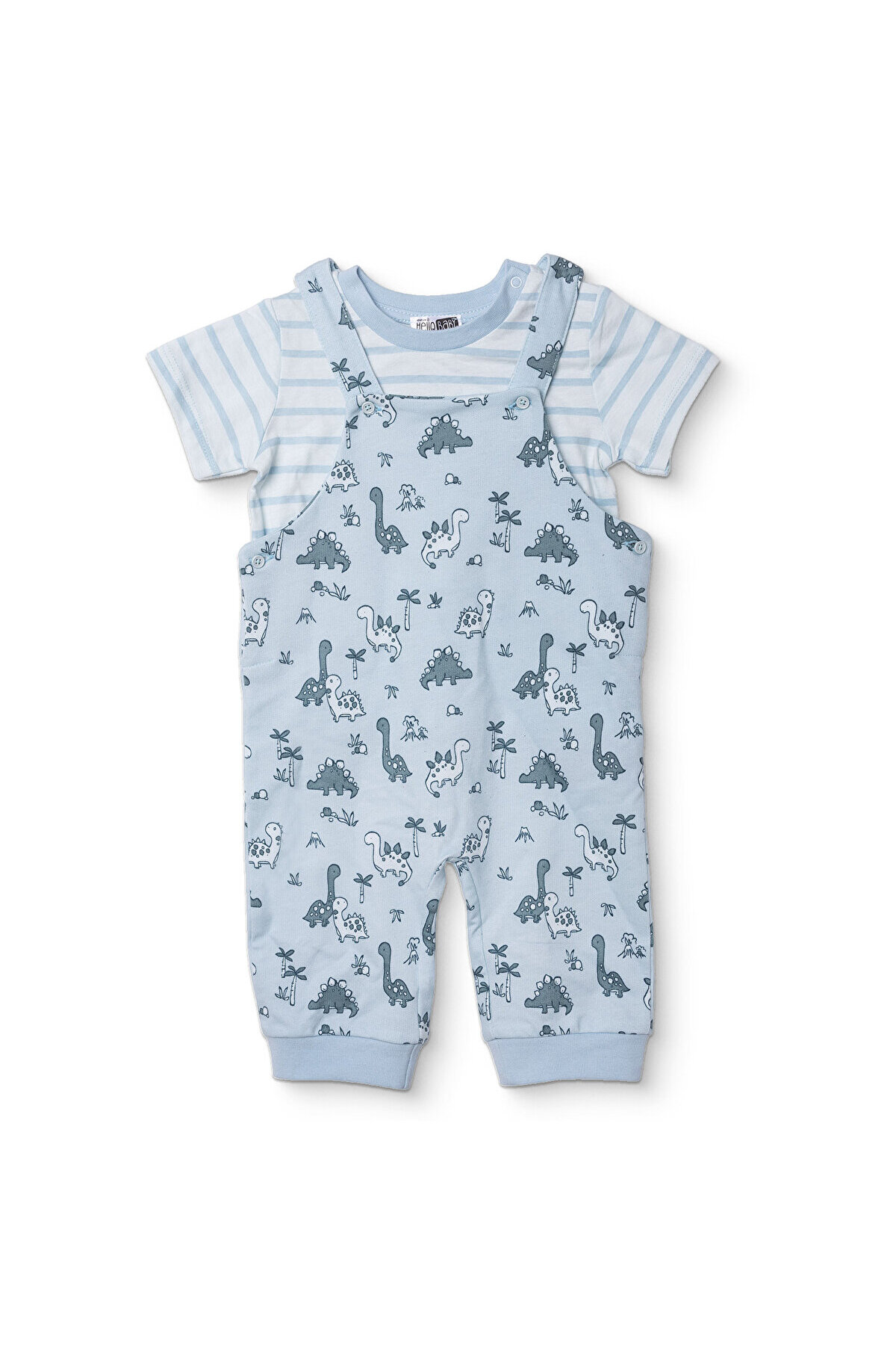 HelloBaby Erkek Bebek Salopet-Tişört Dinozor Baskılı Düğmeli Bisiklet Yaka Short Sleeve Patiksiz