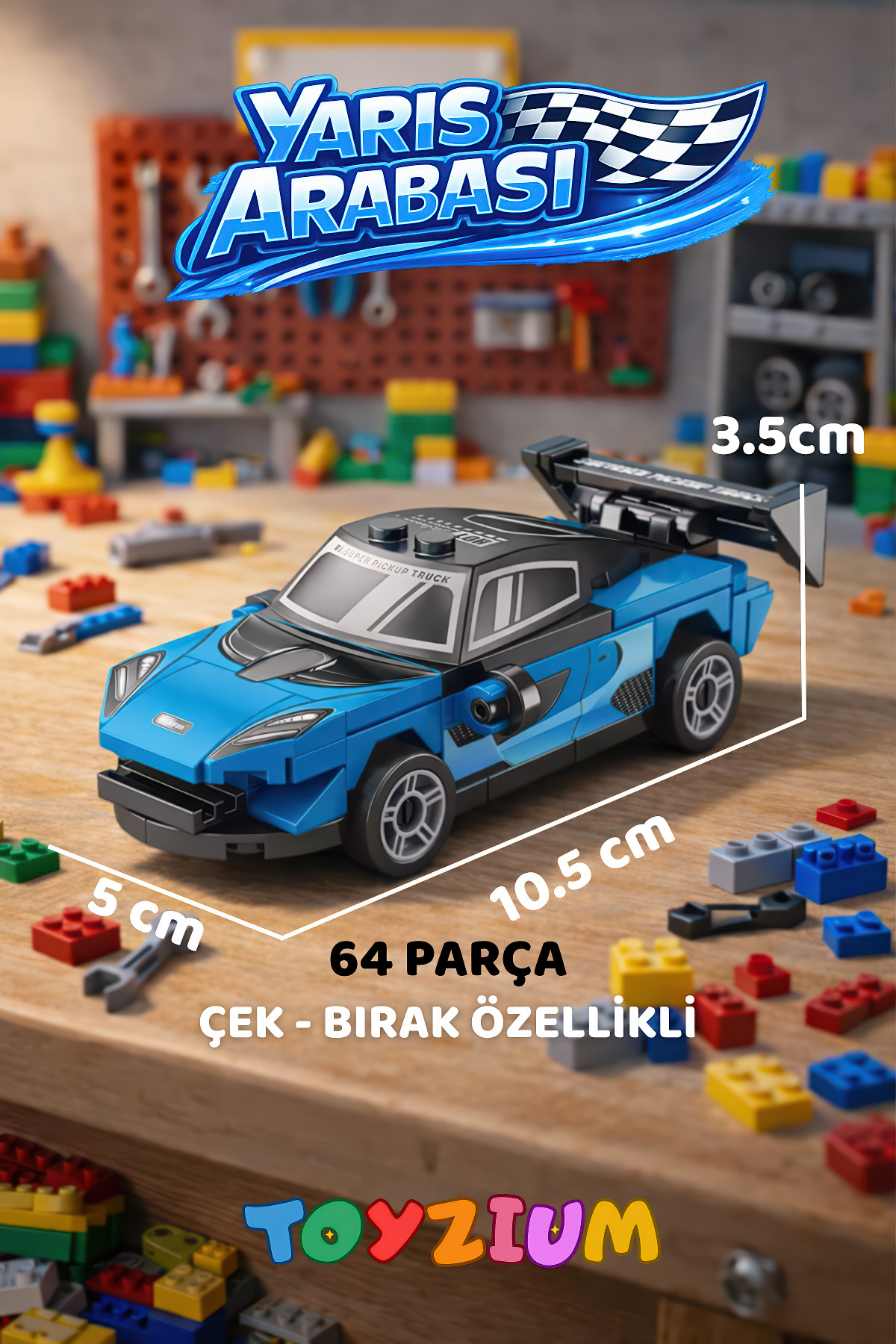 Shem Mavi Yarış Arabası Blok Oyuncak – Mini Yarış Arabası Yapım Seti Mavi Spor Model fotoğrafı 2 (önizleme)