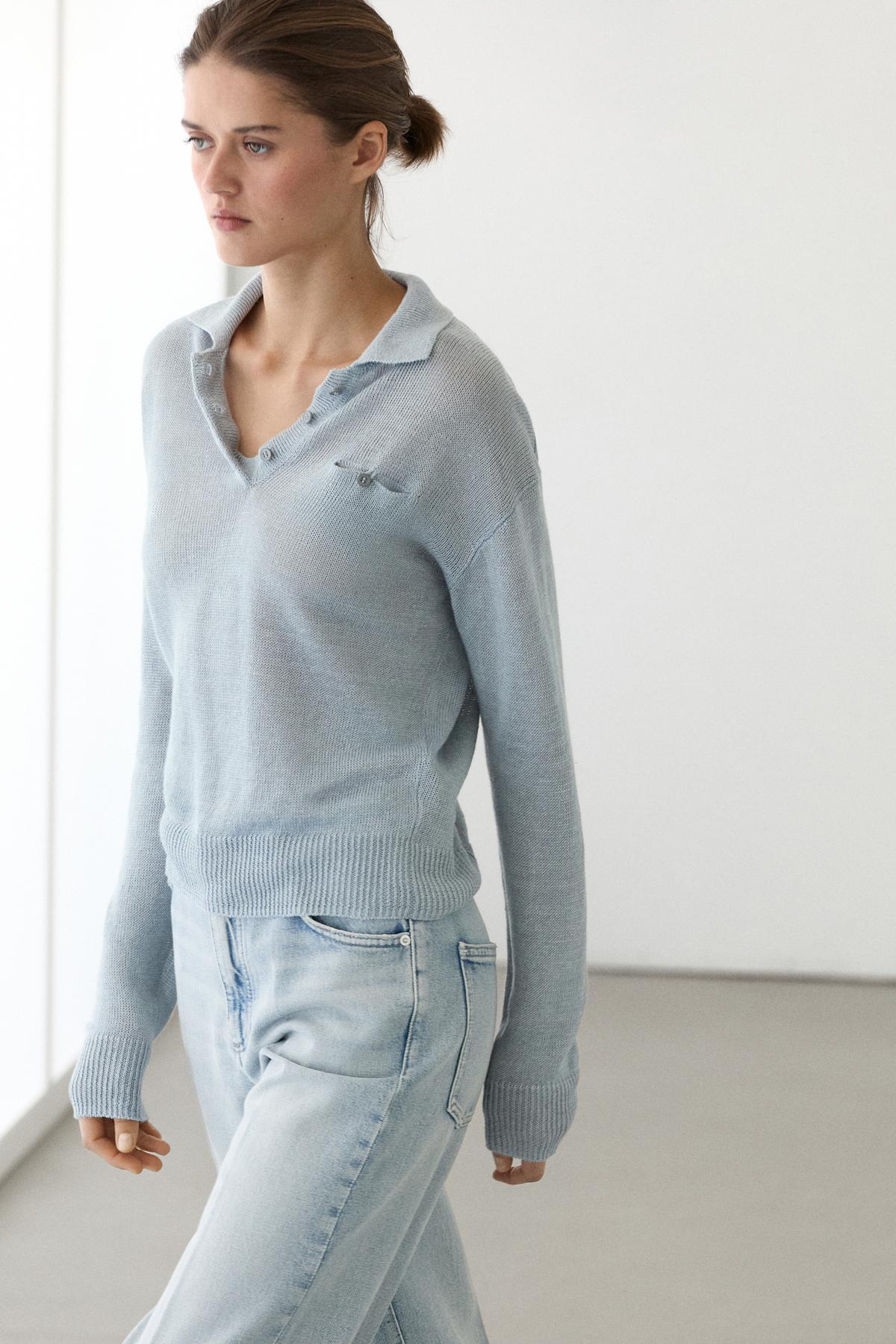 Massimo Dutti  İnce keten polo yaka kazak - Görsel 4