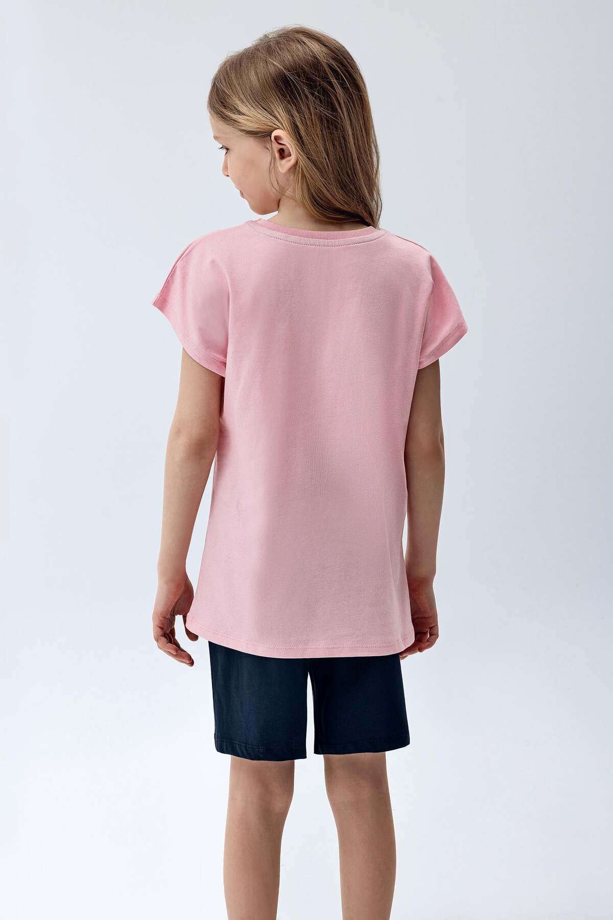 Brix Kız Çocuk Kısa Kollu %100 Pamuk Pijama Takımı 7816 Pembe Renk fotoğrafı 2 (önizleme)