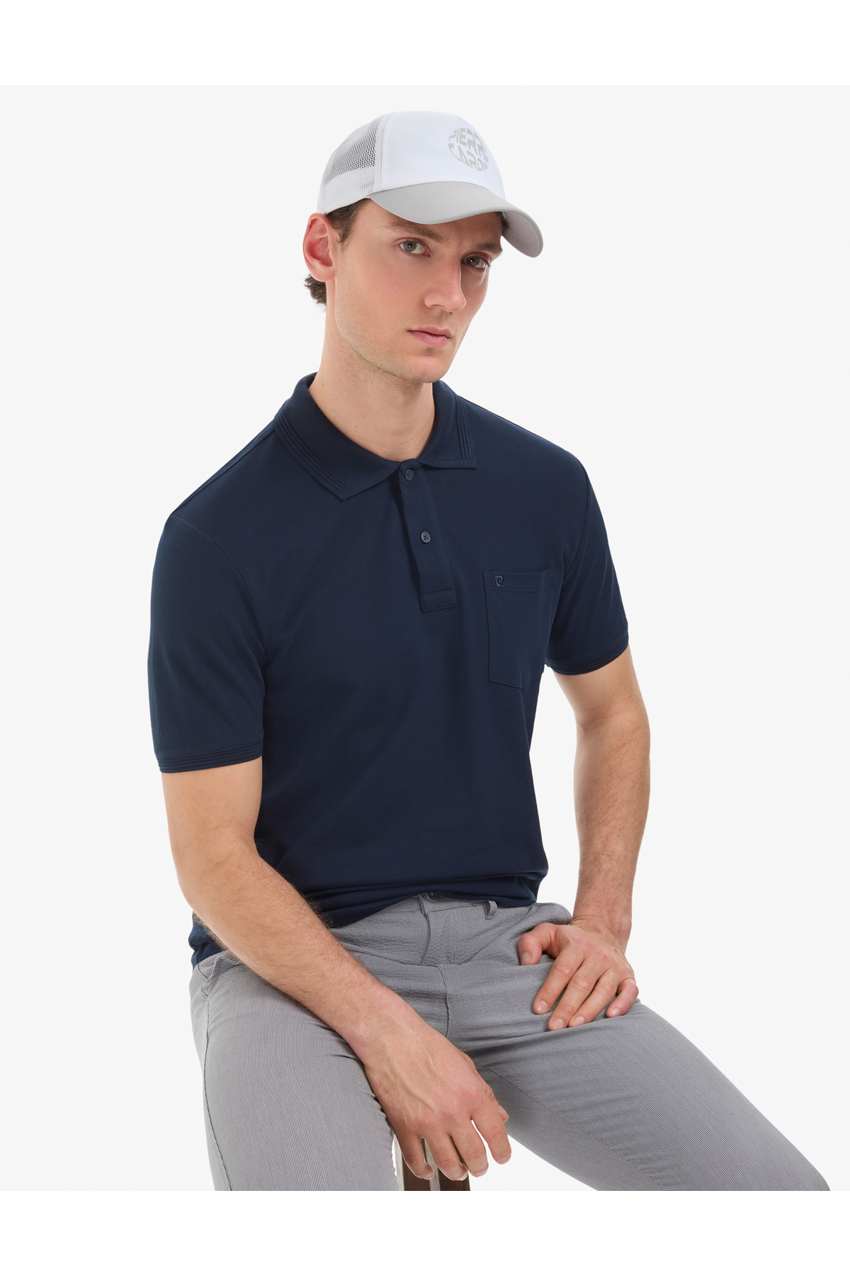 Pierre Cardin Navy Blue Regular Fit 100% Cotton Buttoned Polo Collar Basic T-Shirt 50321144-Vr033