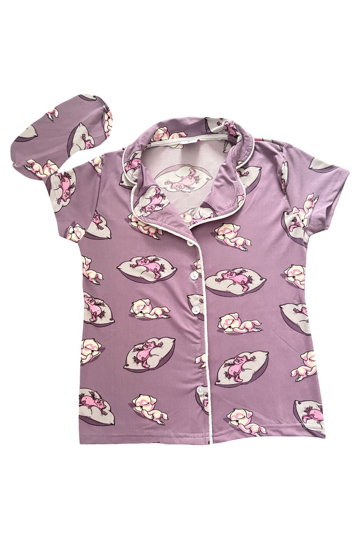 mışıl mışıl kids Kız Çocuk Sevimli Kedi Desenli Yazlık Yumuşak Kumaş Çocuk Pijama Takımı fotoğrafı 4 (önizleme)