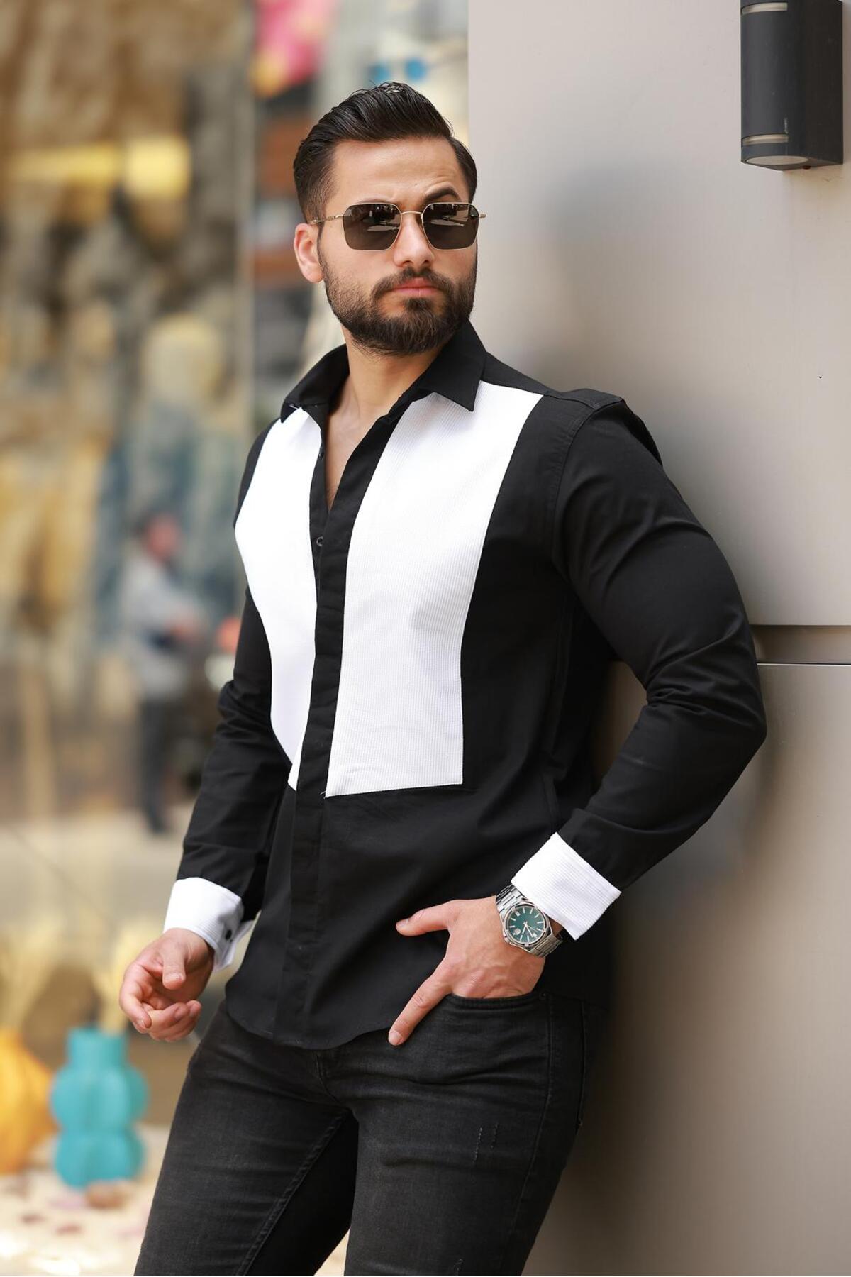 Erkek Siyah Beyaz Parçalı Tasarım Slim Fit Gömlek — مشکی BAYIM PARÇALI