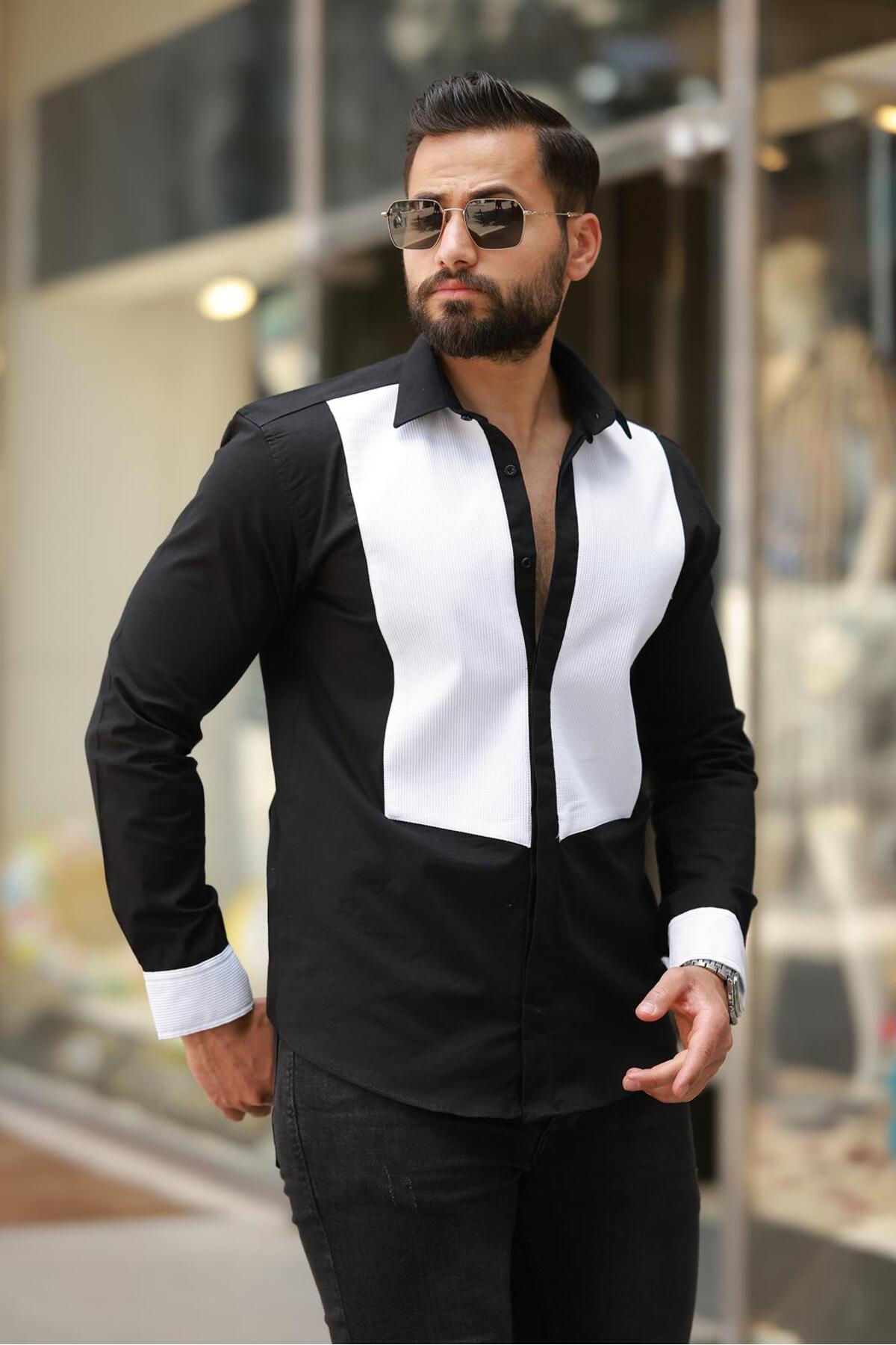 Erkek Siyah Beyaz Parçalı Tasarım Slim Fit Gömlek — مشکی BAYIM PARÇALI — تصویر 3 از 4