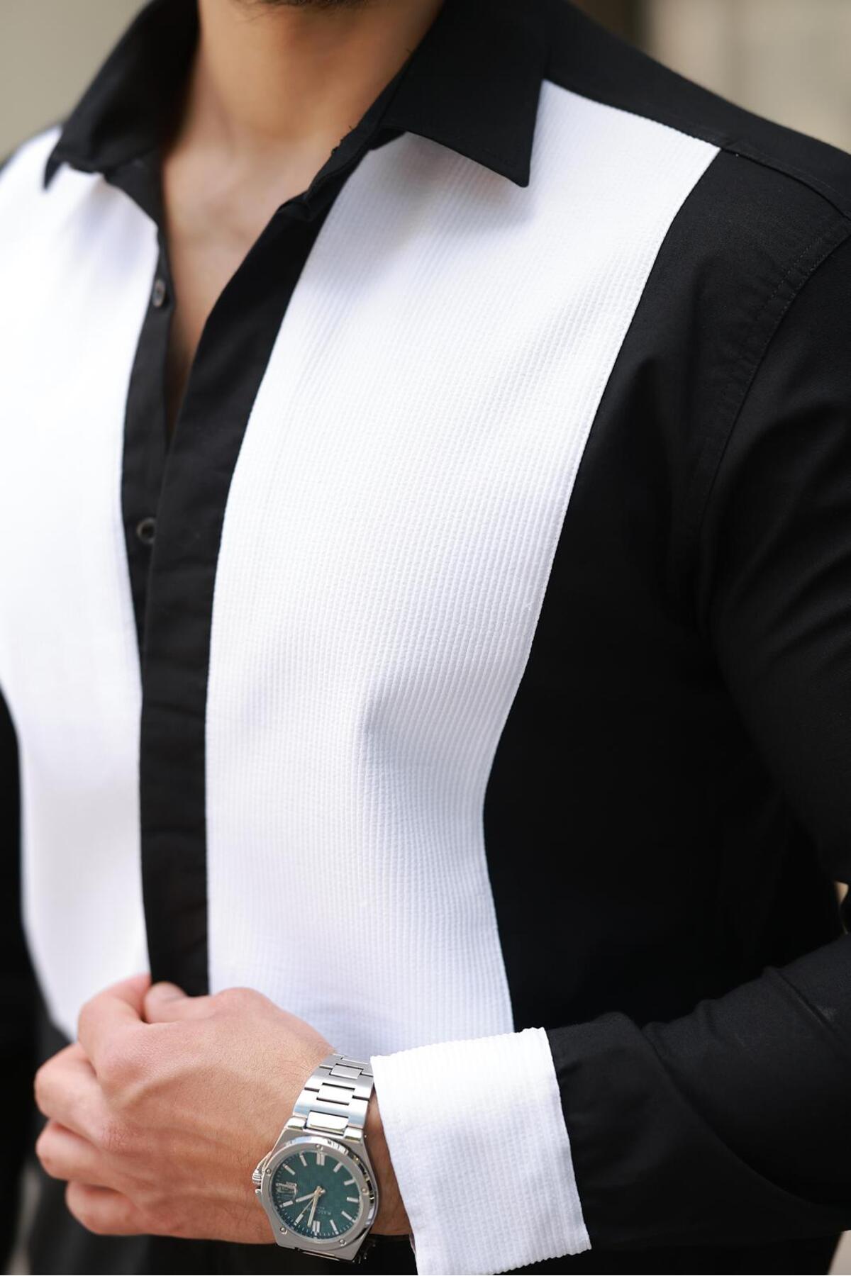 Erkek Siyah Beyaz Parçalı Tasarım Slim Fit Gömlek — مشکی BAYIM PARÇALI — تصویر 4 از 4