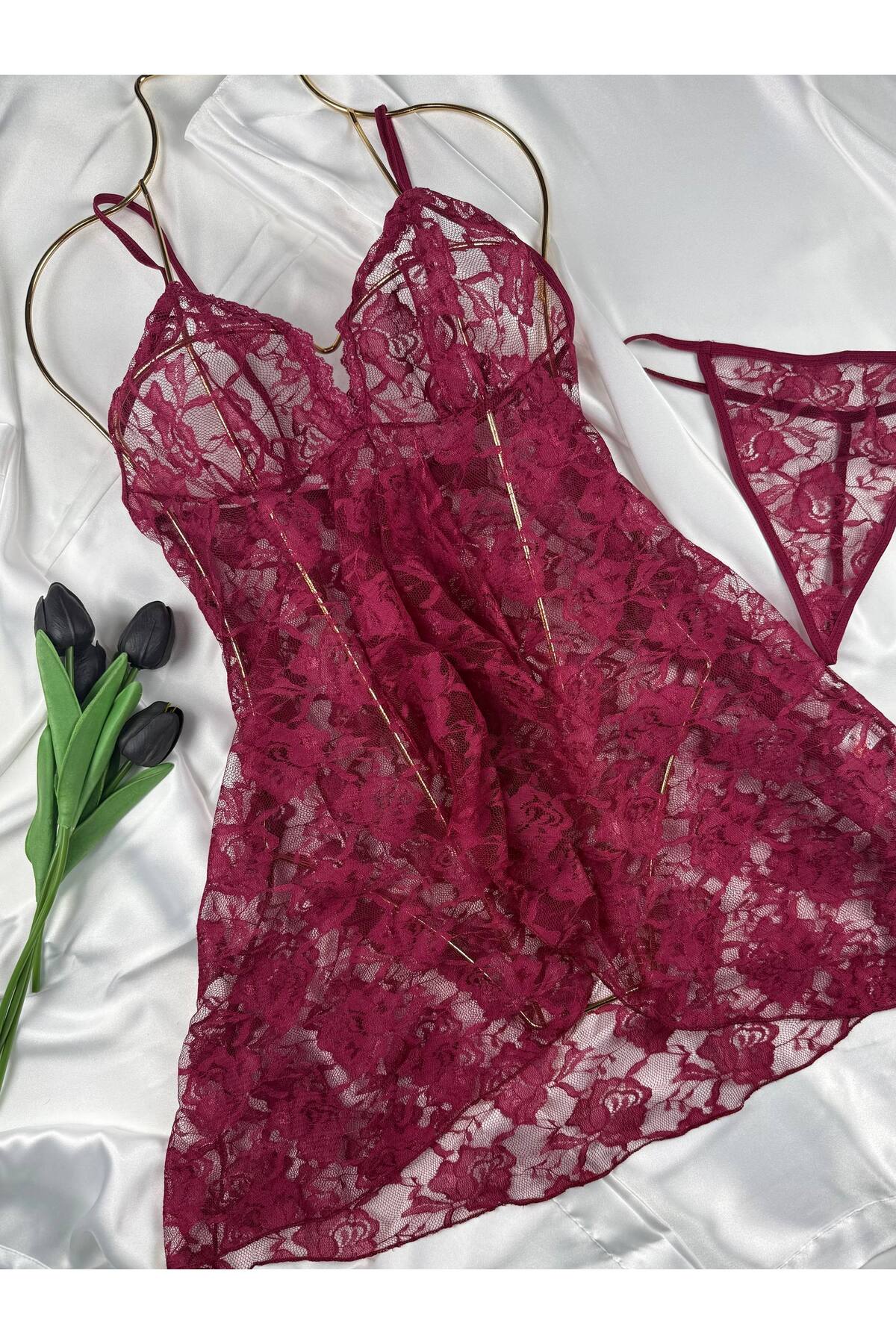 ROZENİN LINGERIE Kadın Romantik Askılı Dantel Tül Gecelik String Hediyeli