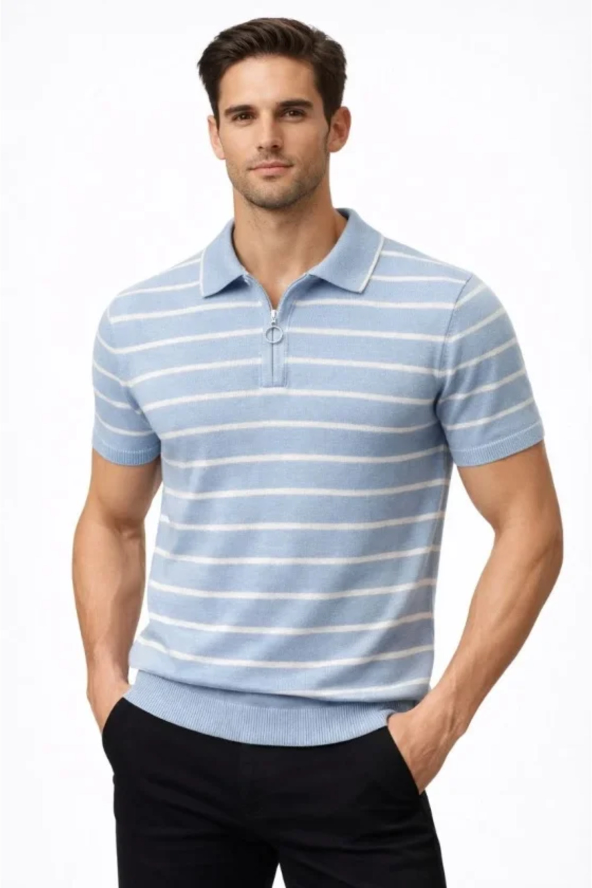 butcher products ニットポロ Giyimodam Men's Knitwear Polo Collar Zippered Striped T-Shirt