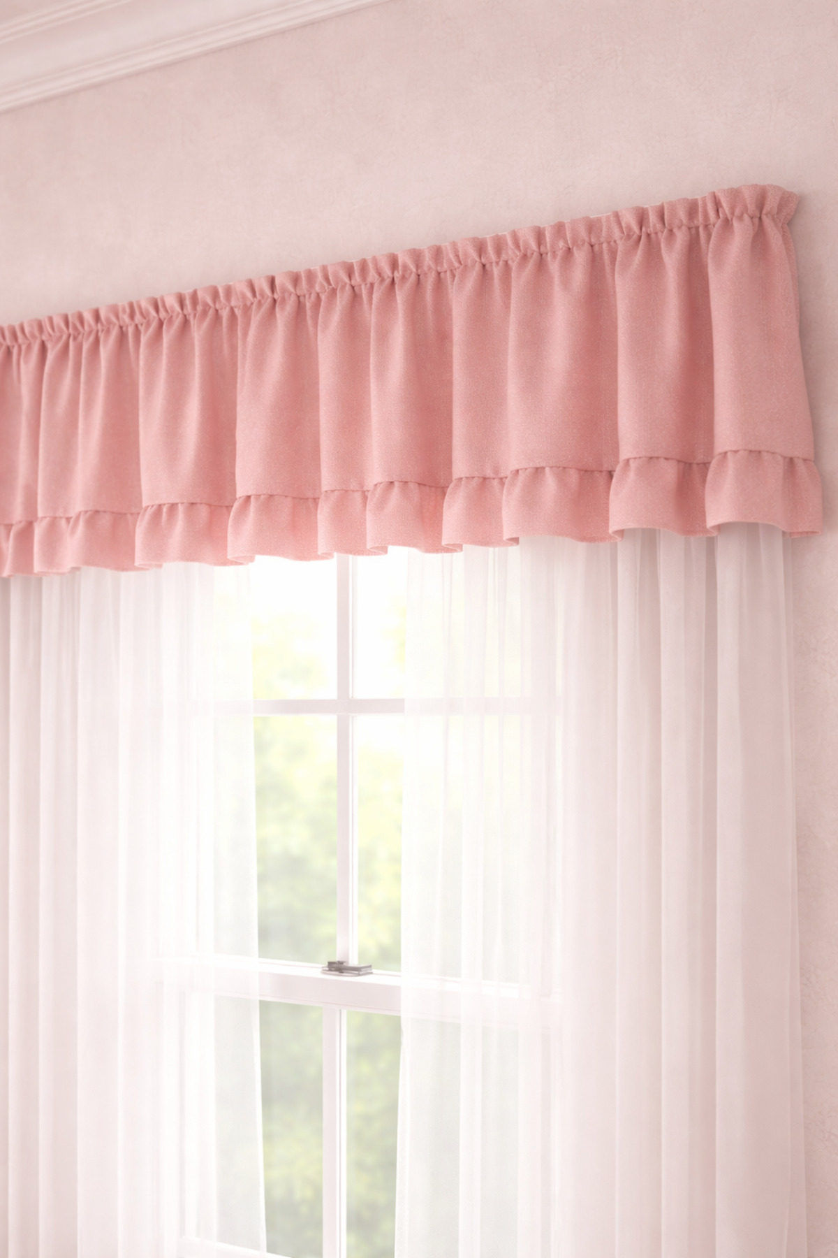 Pink Ruffle Detailed Farbela, Short Background Curtain 1 Piece Farbela, Girl's Room Cornice and Rustic Compatible
