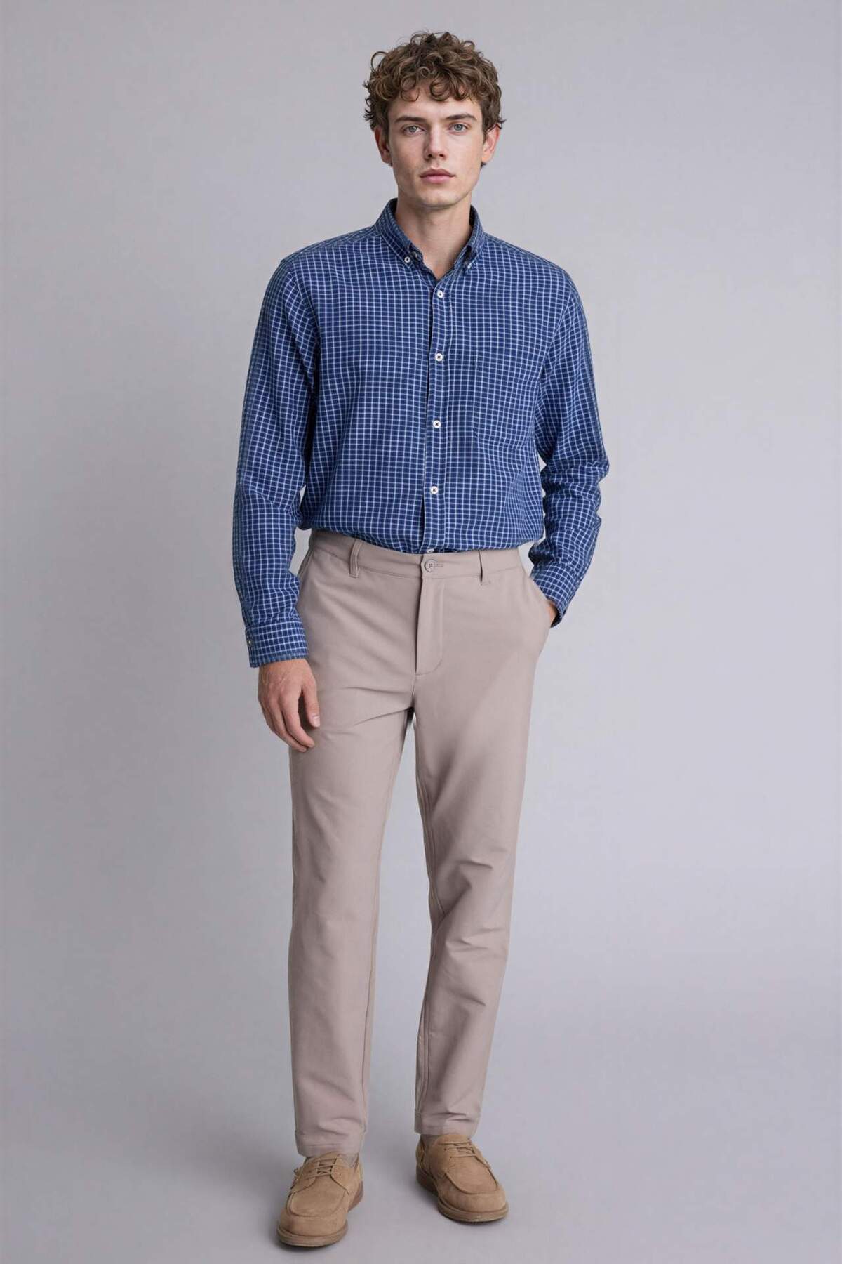 %100 Pamuk Regular Fit Polo Yaka Oxford Uzun Kollu Gömlek H3573AX26SP — آبی — تصویر 2 از 5
