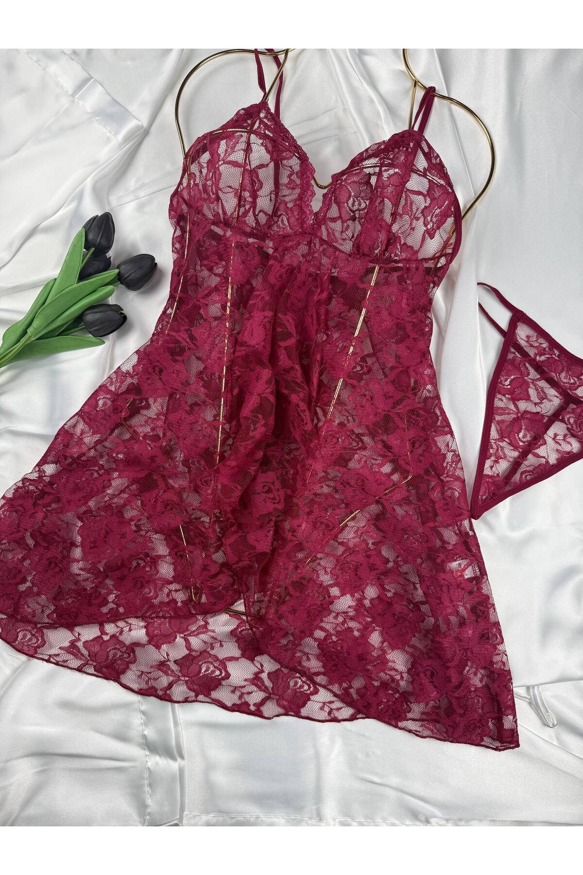 ROZENİN LINGERIE Kadın Romantik Askılı Dantel Tül Gecelik String Hediyeli görsel 6